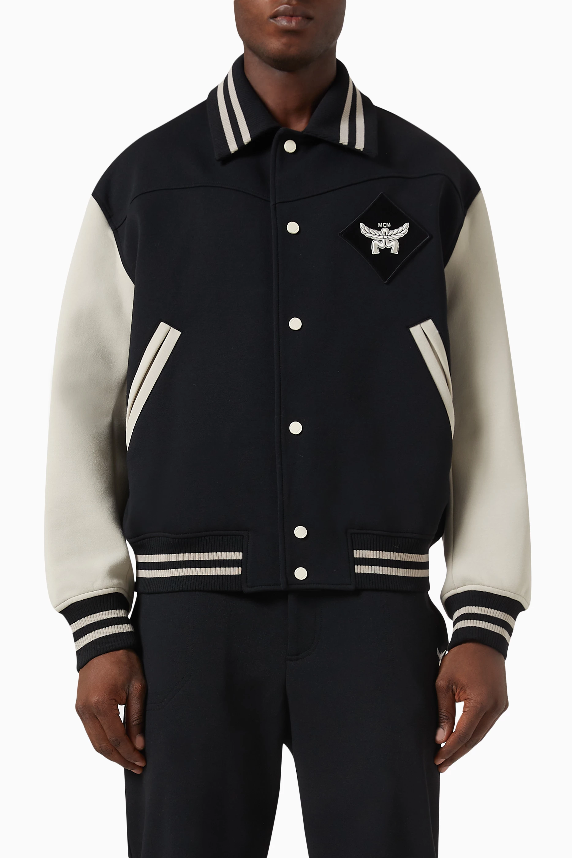 Buy MCM Black Essential Logo Patch Varsity Jacket in Stretch Recycled Cotton Blend For Men Online Ounass Saudi
