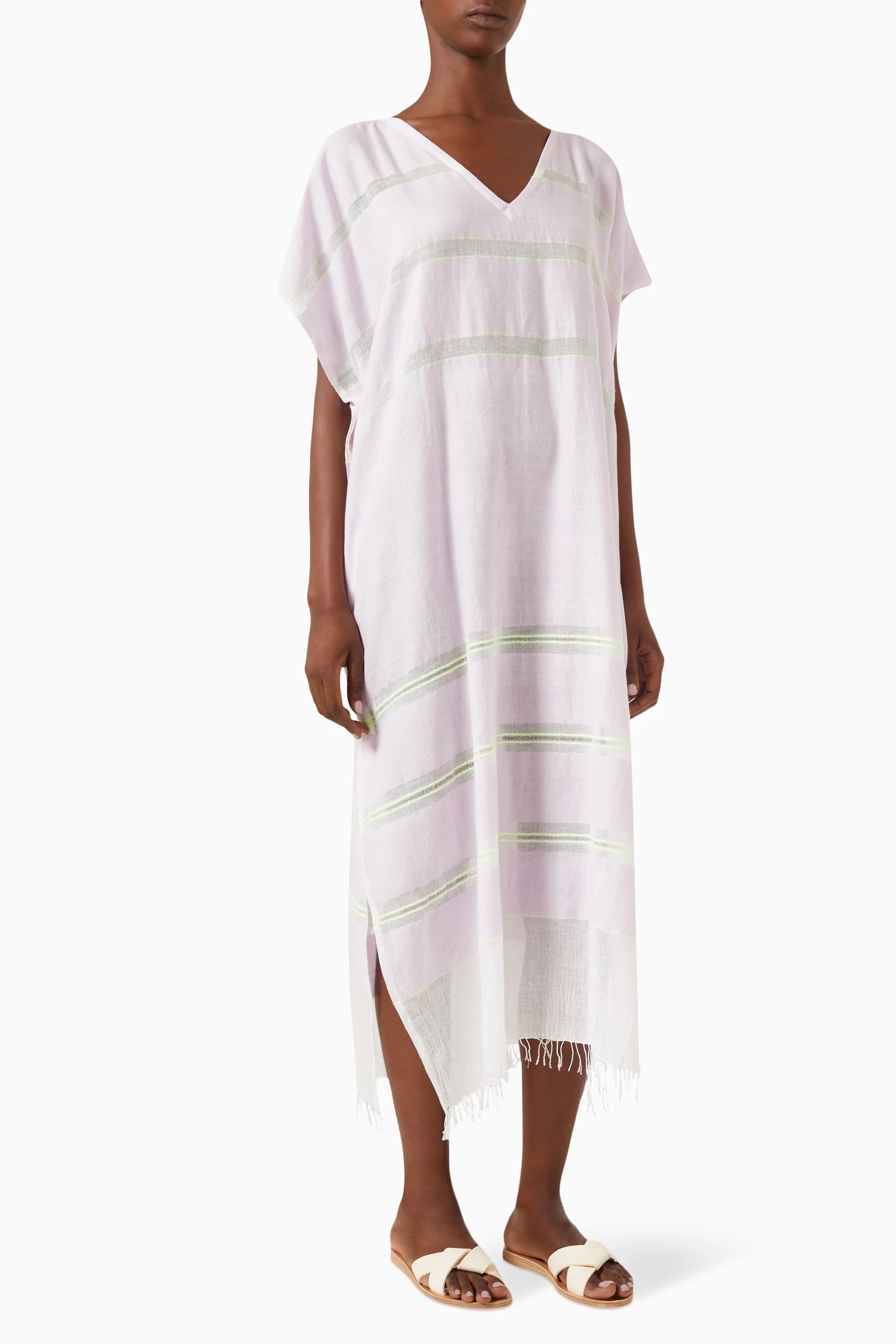 Buy LemLem Pink Dalila V neck Caftan in Cotton For Women Online Ounass Saudi