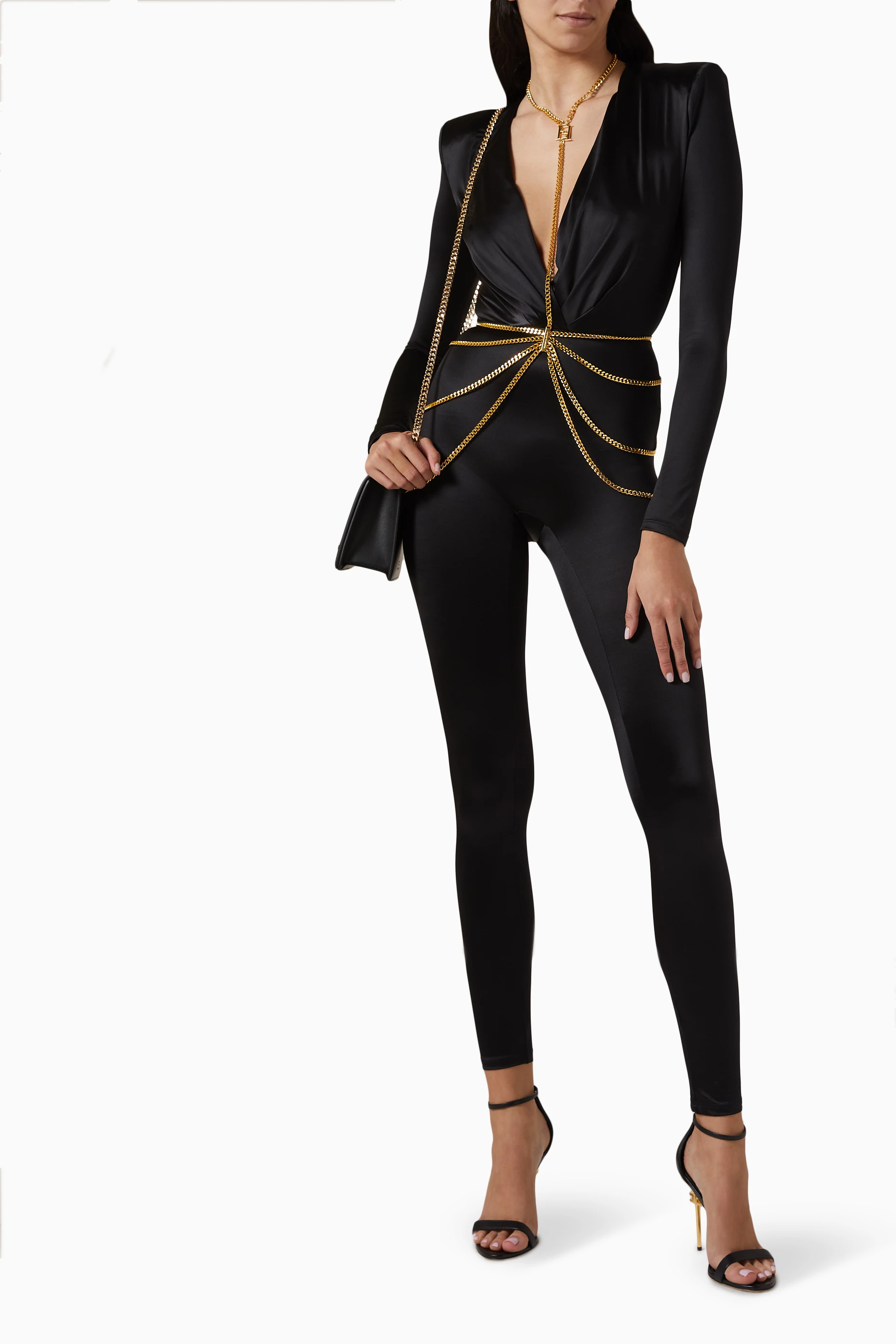 Buy Elisabetta Franchi Black Bodychain Jumpsuit in Lycra For