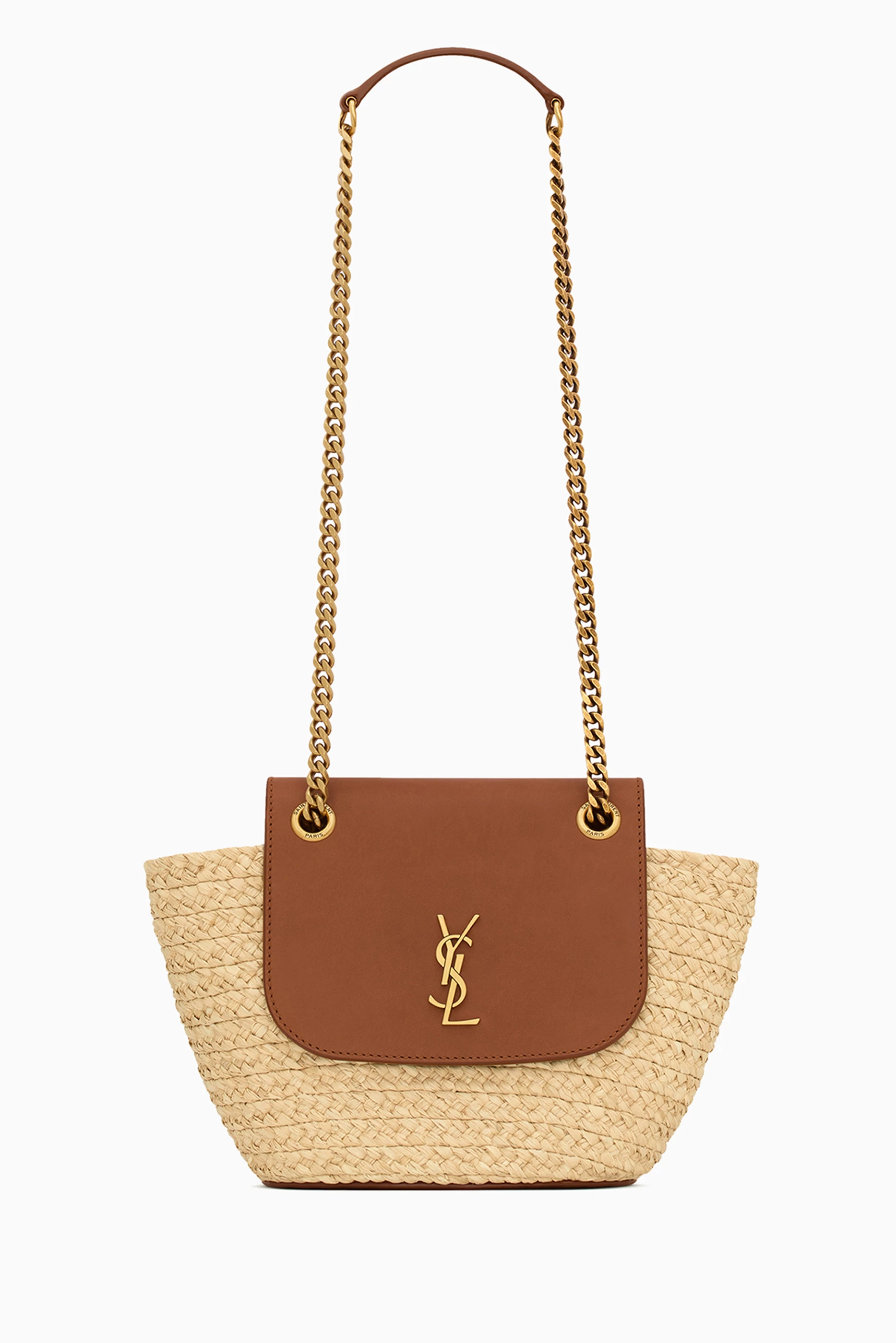 Buy SAINT LAURENT Neutral Mini Manon in Raffia & Aged