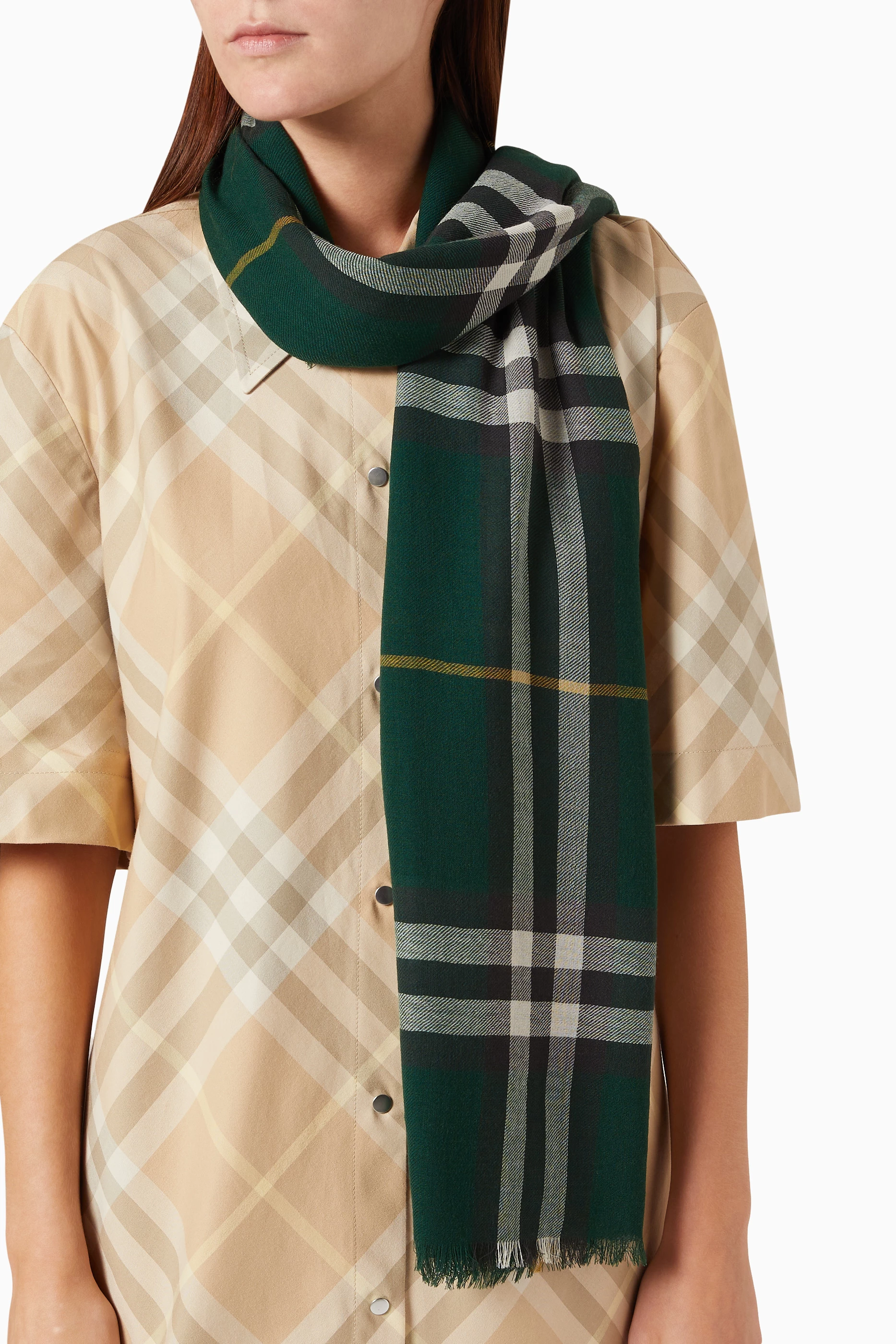 Buy Burberry Green Check Scarf in Wool For Women Online Ounass Saudi