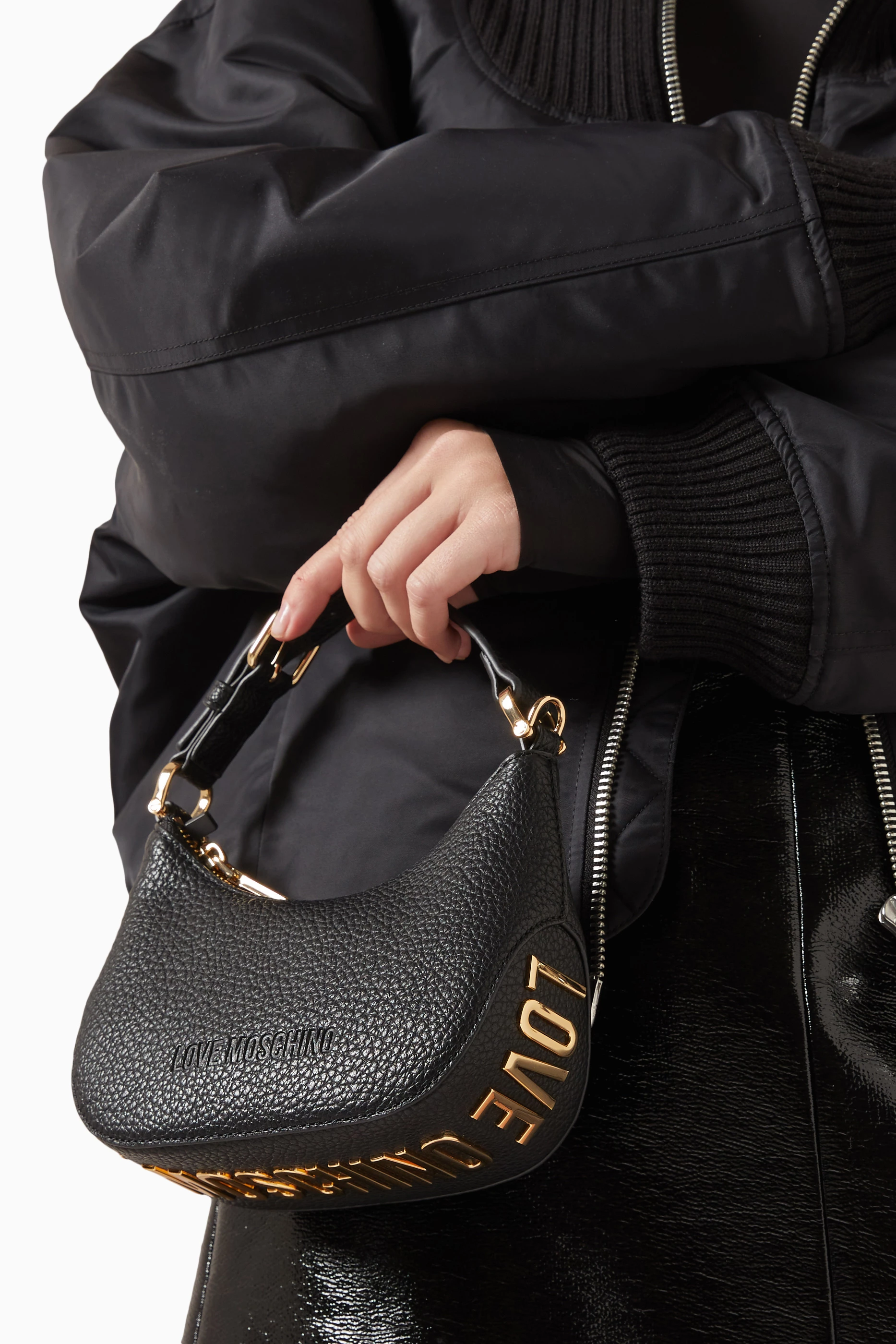 Buy Love Moschino Black Small Shoulder Bag in Grained Faux Leather For Women Online Ounass Saudi
