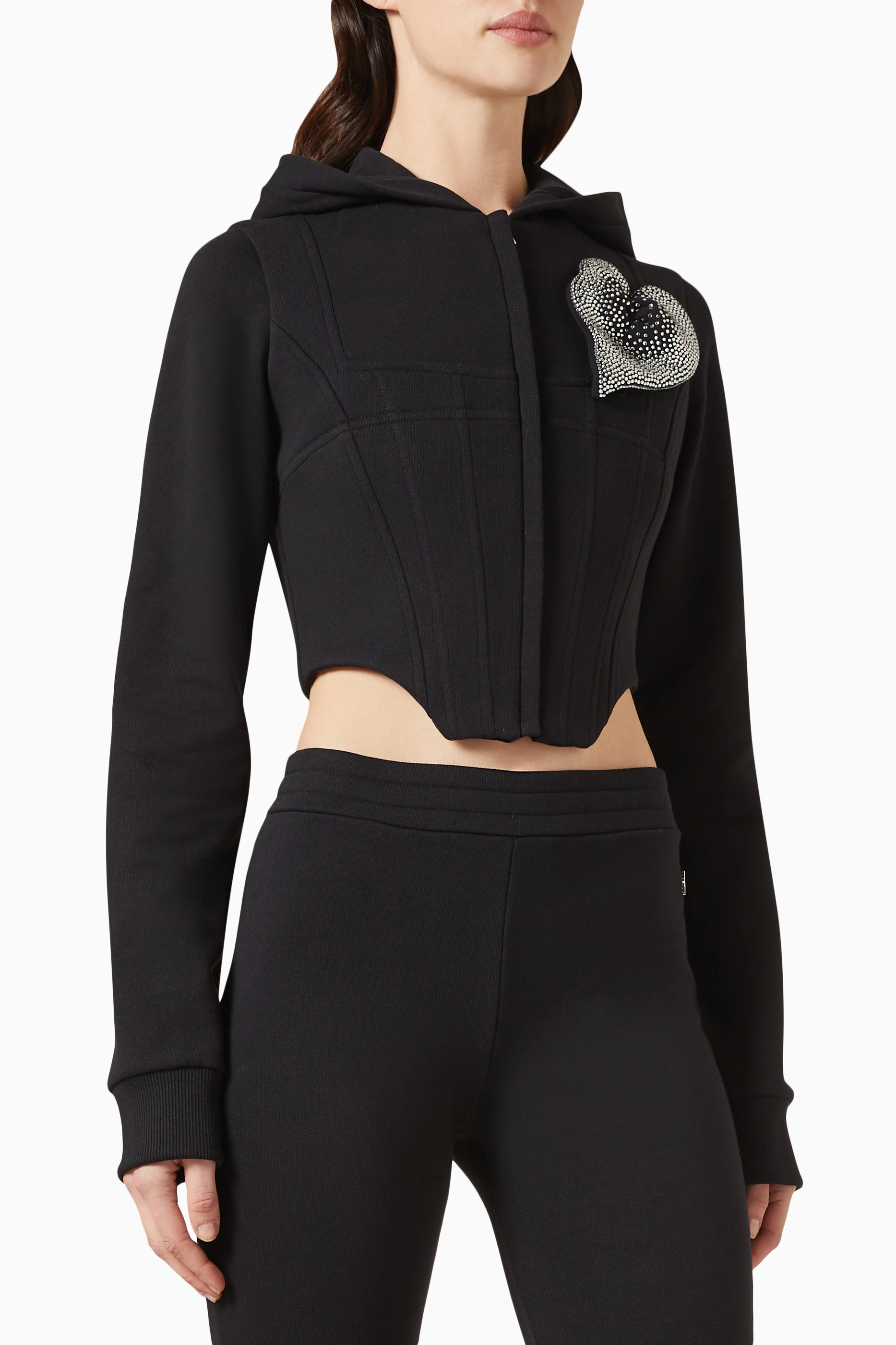 Buy Giuseppe di Morabito Black Floral applique Corset Hoodie in Cotton For Women Online Ounass Saudi