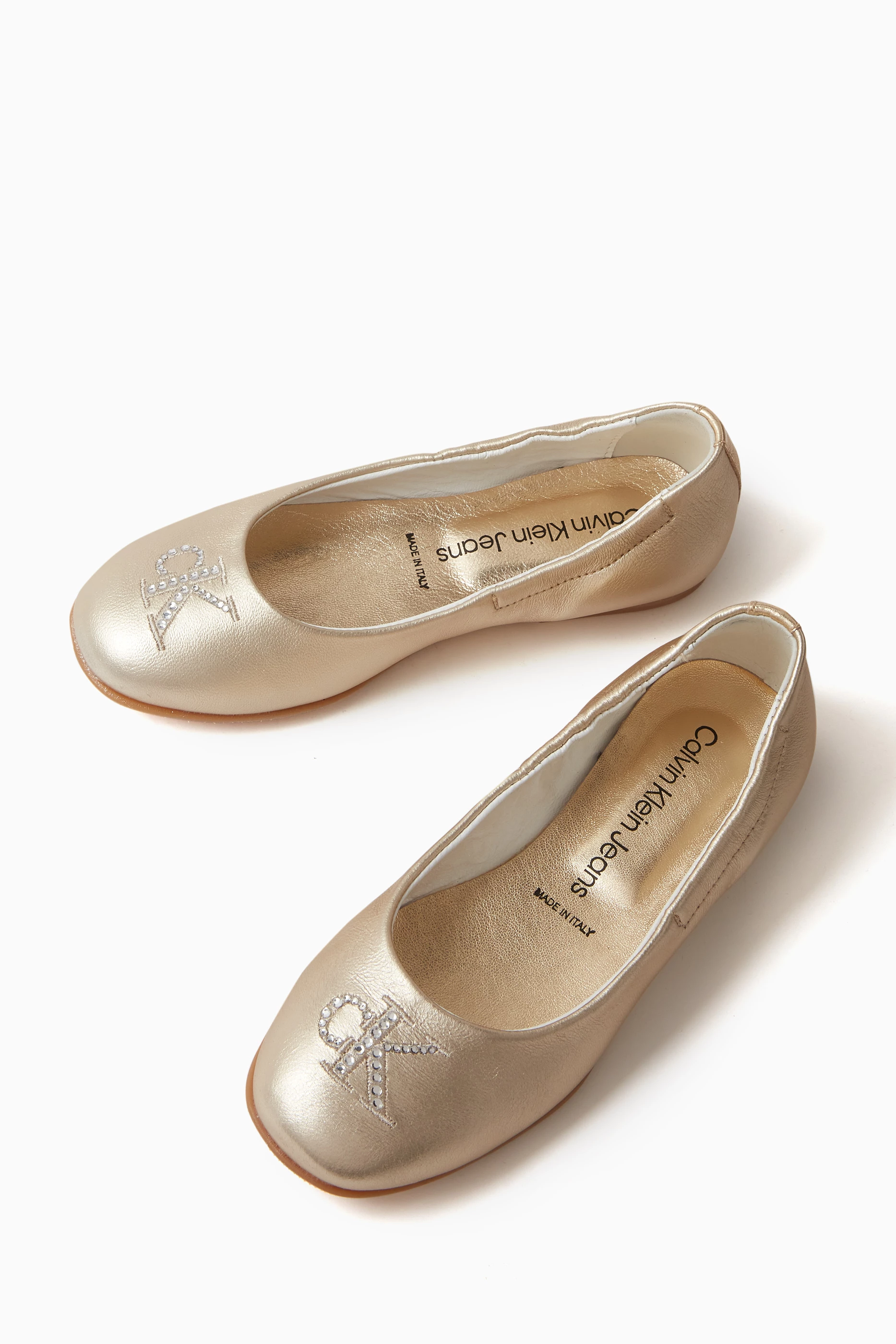 Buy Calvin Klein Gold Logo Ballet Flats in Metallic leather For Girls Online Ounass Saudi