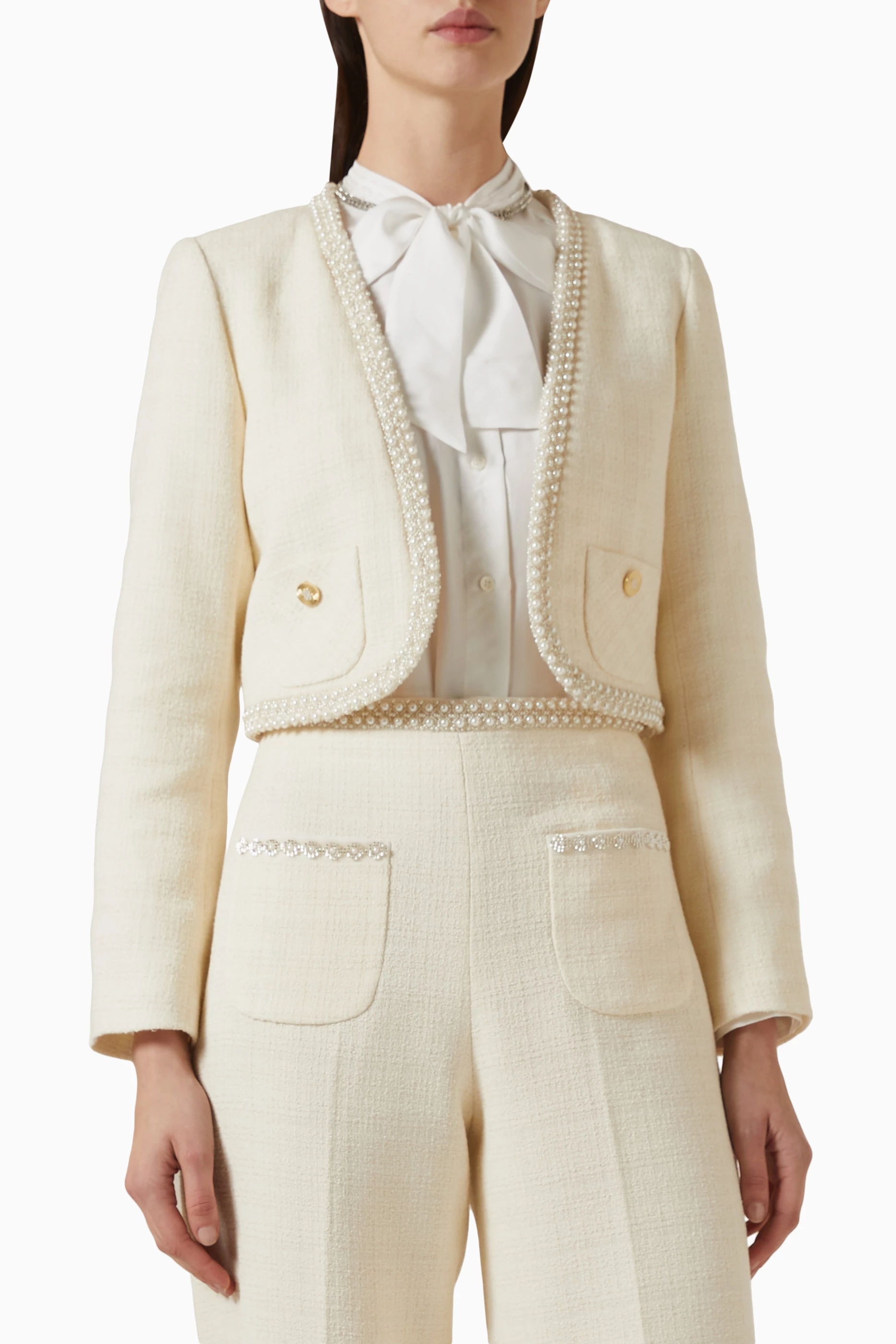 Buy SANDRO White Pearl-embellished Jacket in Tweed For Women