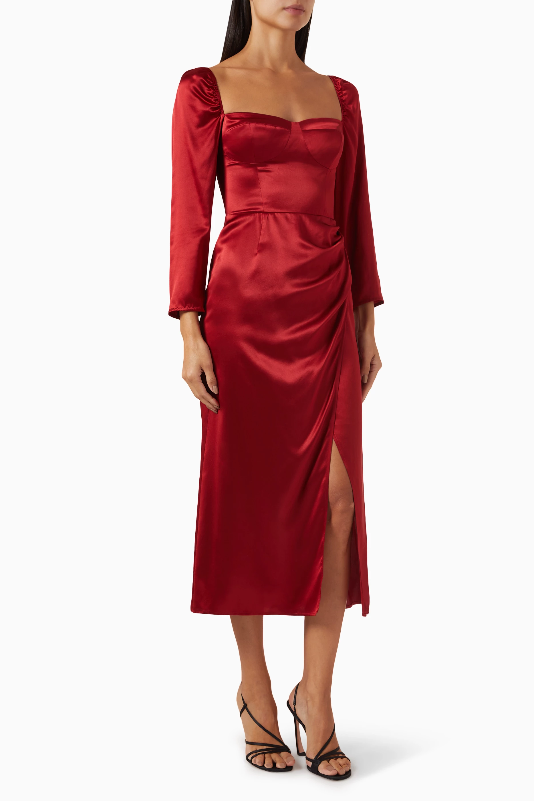 reformation gloriana silk dress Reformation Gloriana Silk Midi Dress Almond Long Sleeve Slit Size 2