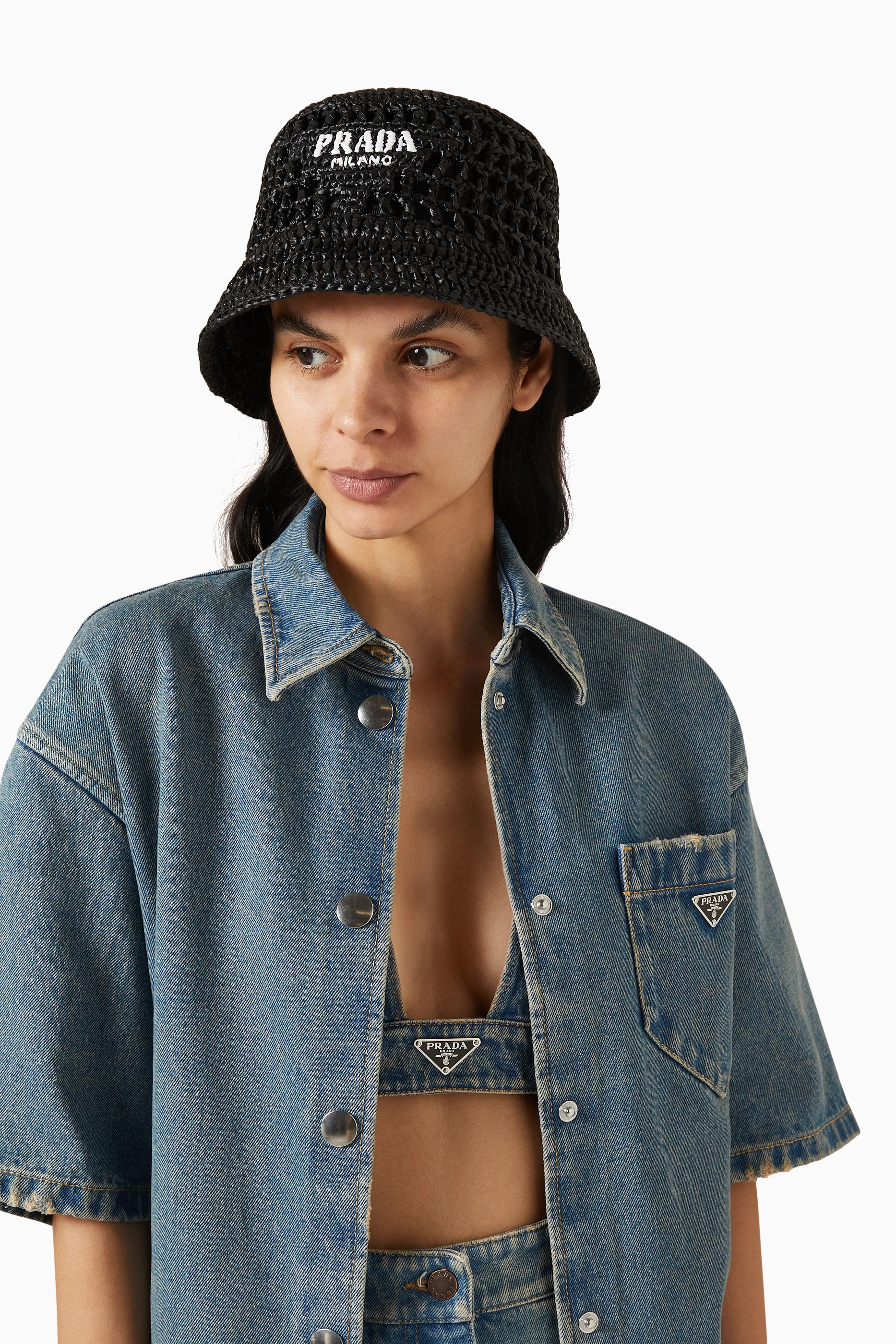 Buy Prada Black Logo Crochet Bucket Hat Woven Fabric For Women Online Ounass Saudi