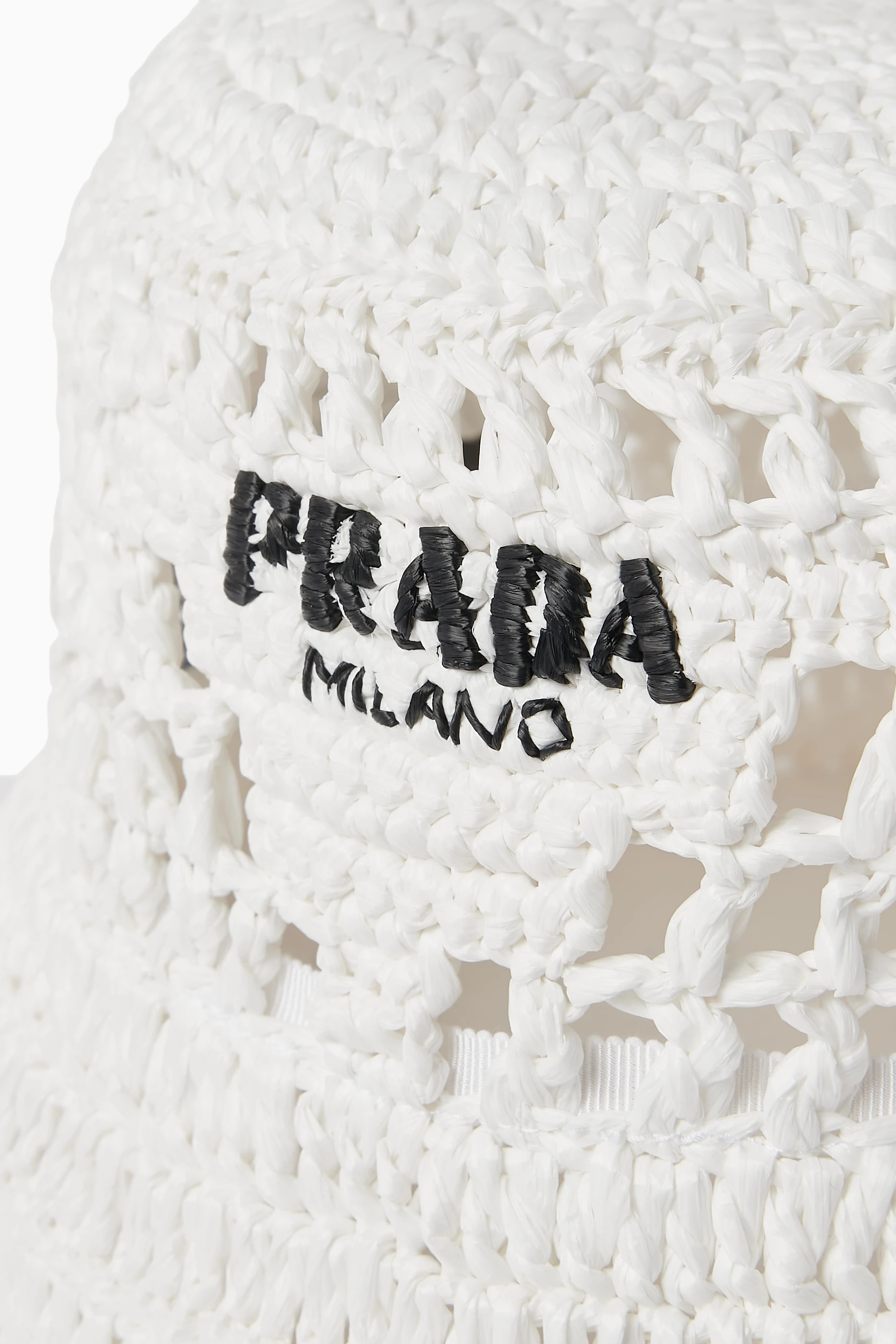 Buy Prada White Logo Crochet Bucket Hat in Woven Fabric For 