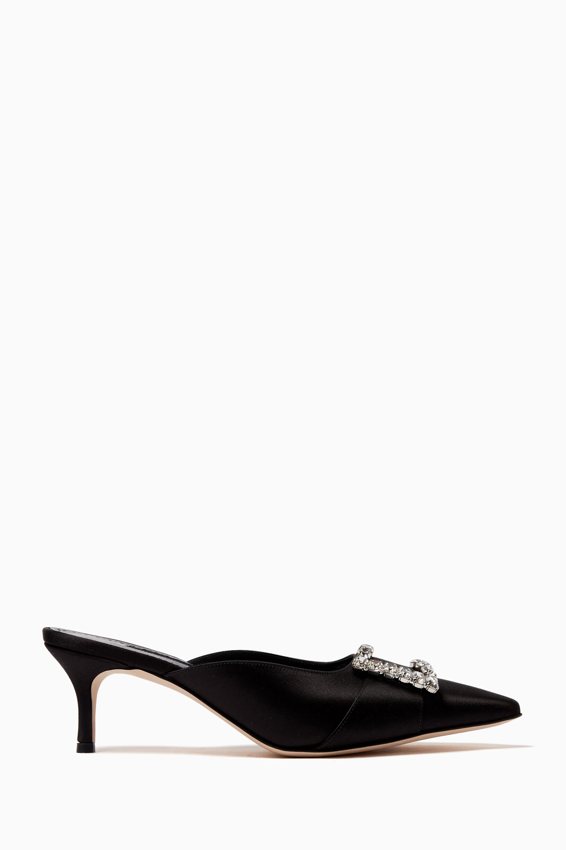 Buy Manolo Blahnik Black Ramimu 50 Crystal embellished Buckle Mules in Satin For Women Online Ounass Saudi