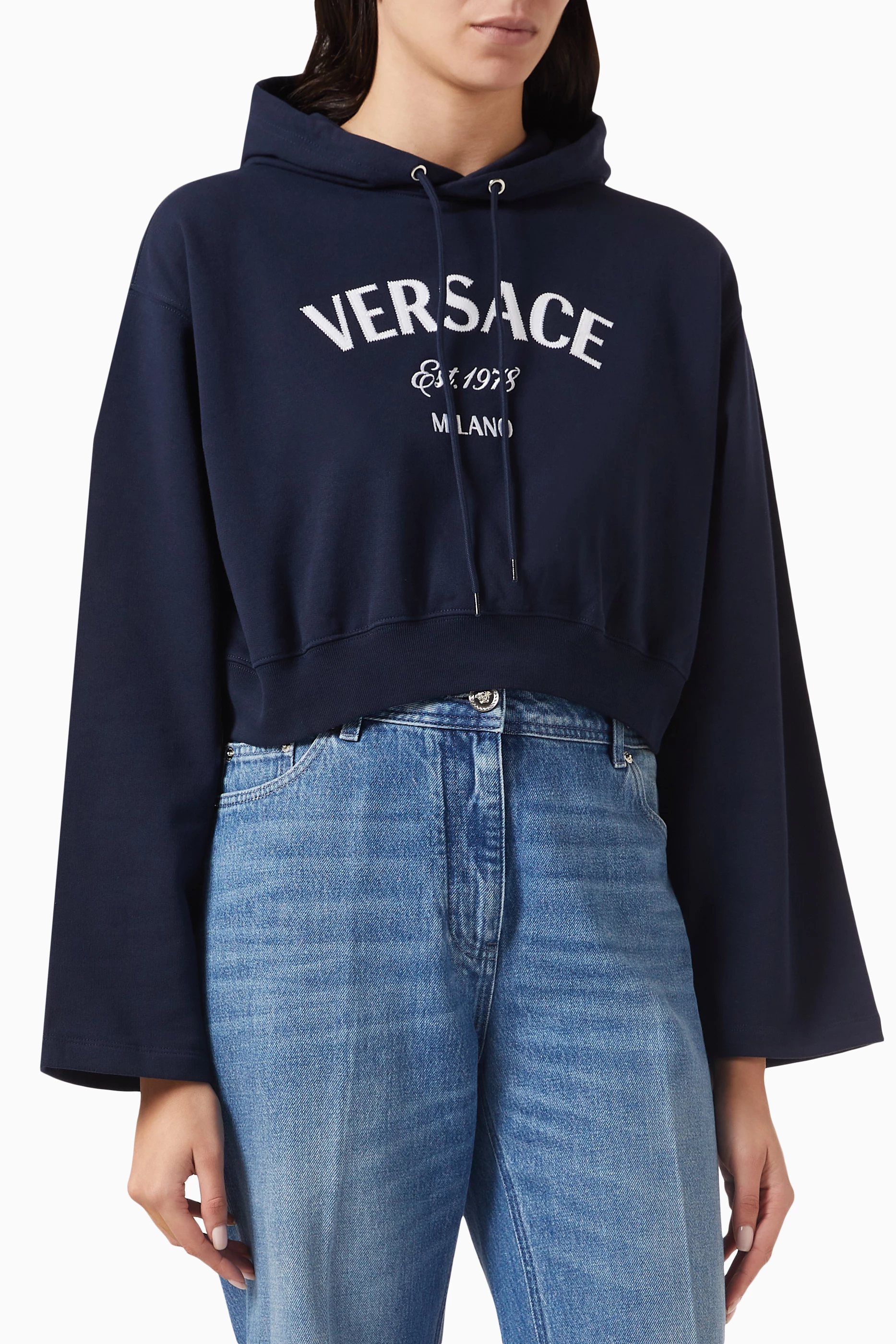 Buy Versace Blue Milano Stamp Crop Hoodie in Cotton For Women