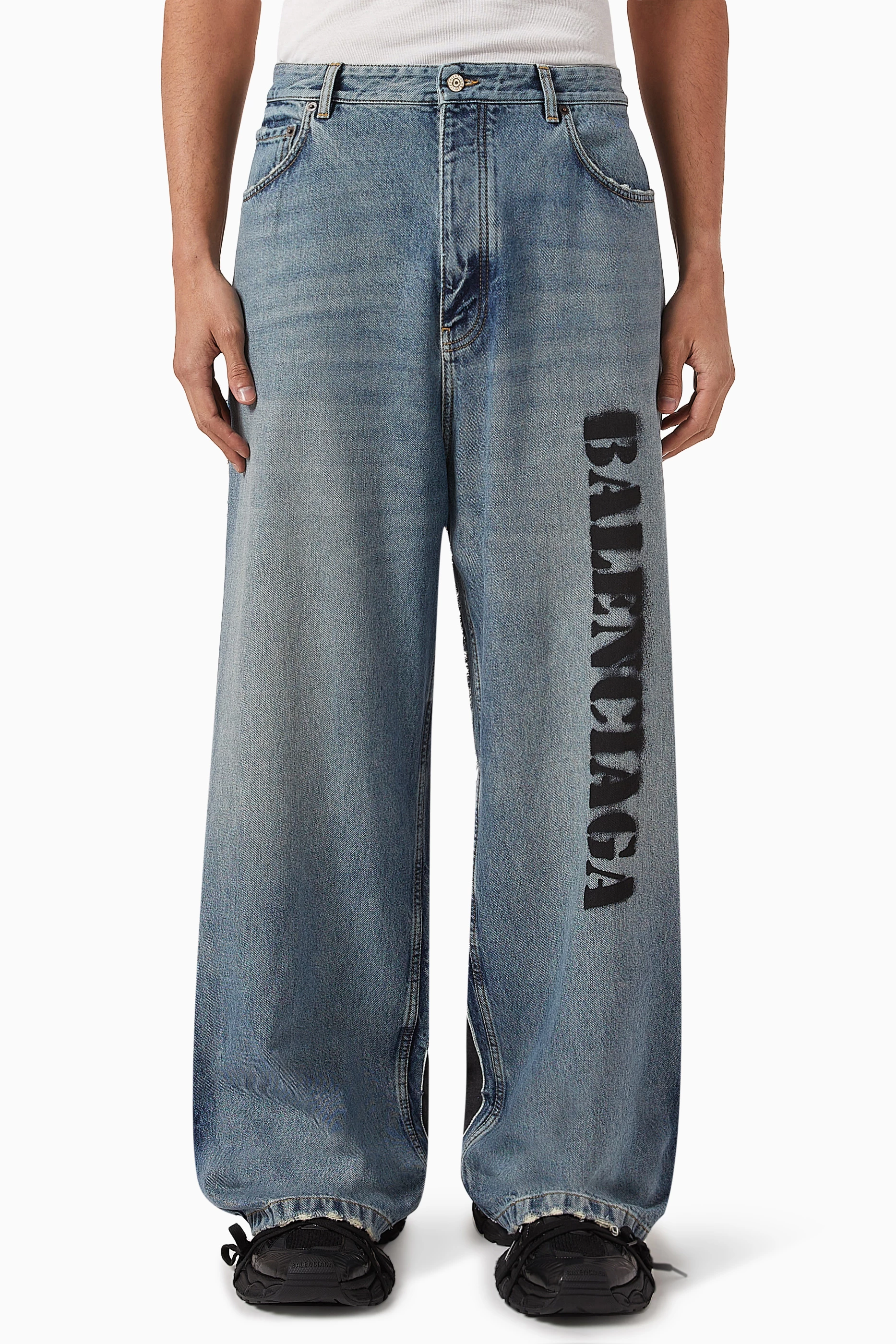 Buy Balenciaga Blue Stencil Type Hybrid Baggy Pants in Denim For