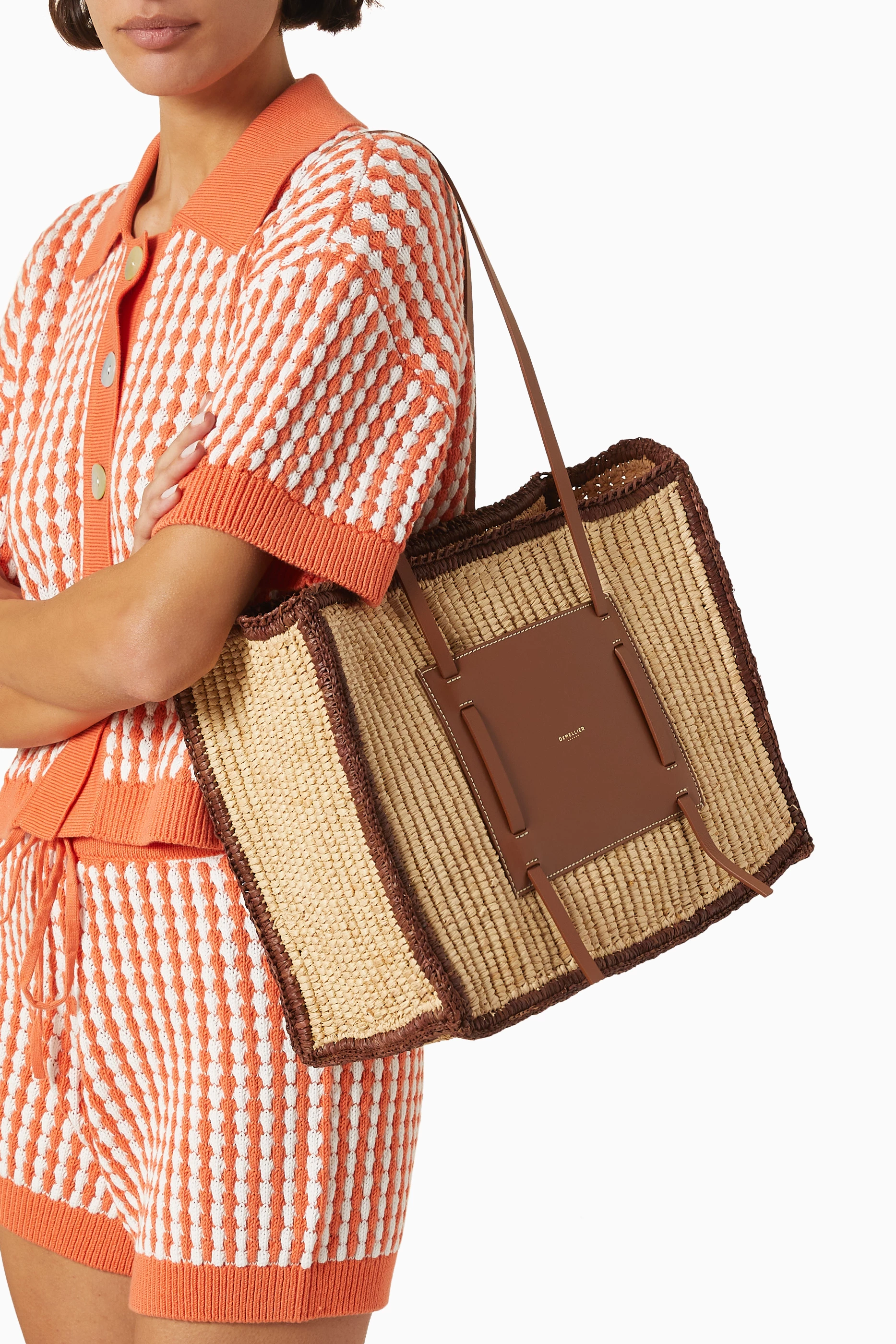 Buy DeMellier Brown Capri Leather-trim Raffia Tote Bag For