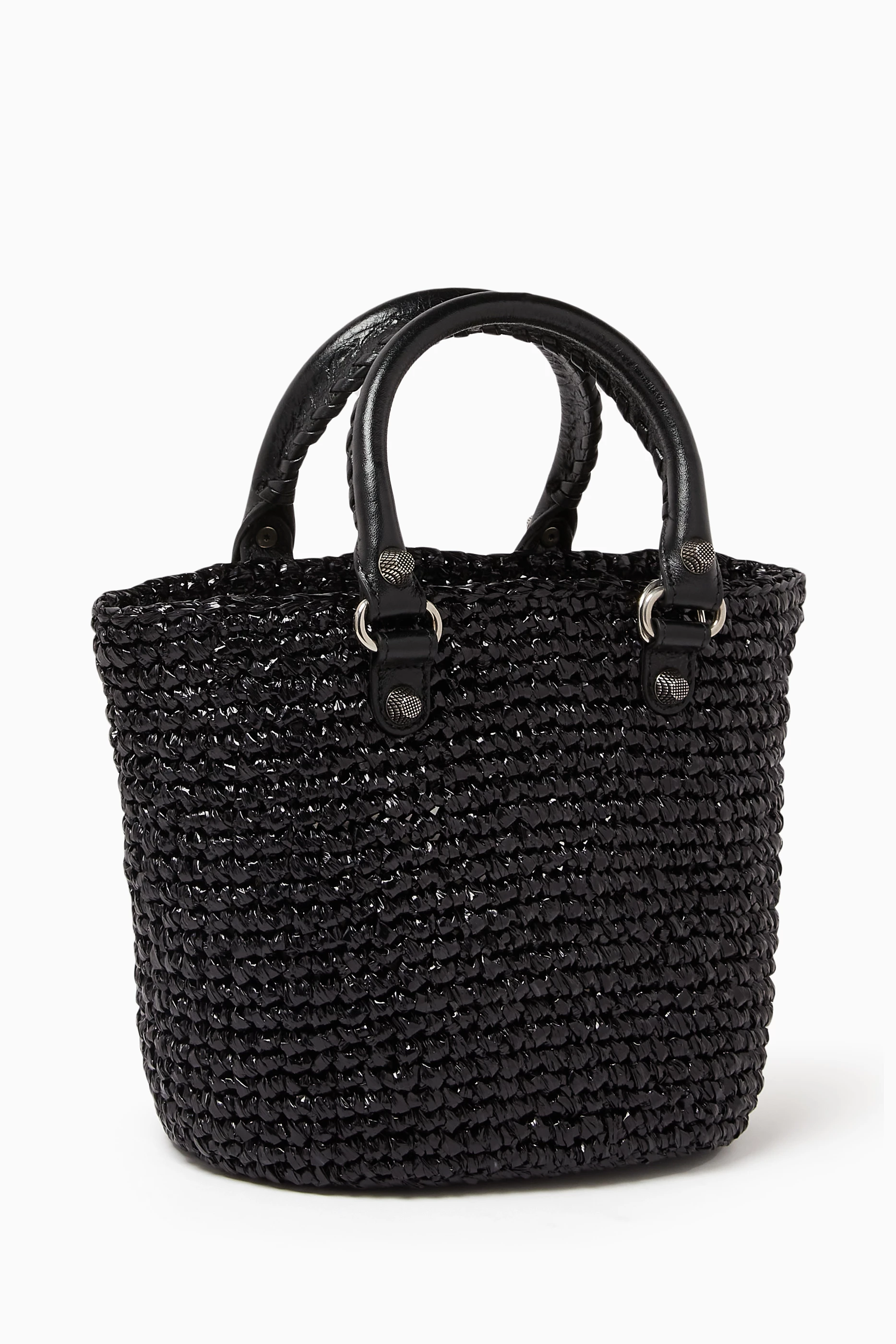 トートバッグ BALENCIAGA BLACK RAFFIA LARGE LE CAGOLE PANIER SHOPPING BAG Balenciaga Raffia Large Le Cagole Panier Shopping Bag in