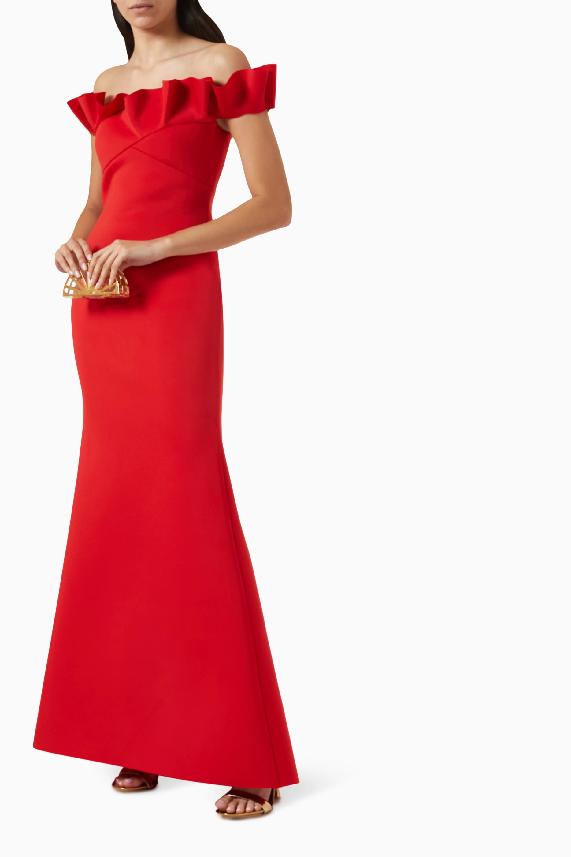Buy Badgley Mischka Red Criss Cross Off shoulder Gown in Stretch Scuba For Women Online Ounass Saudi