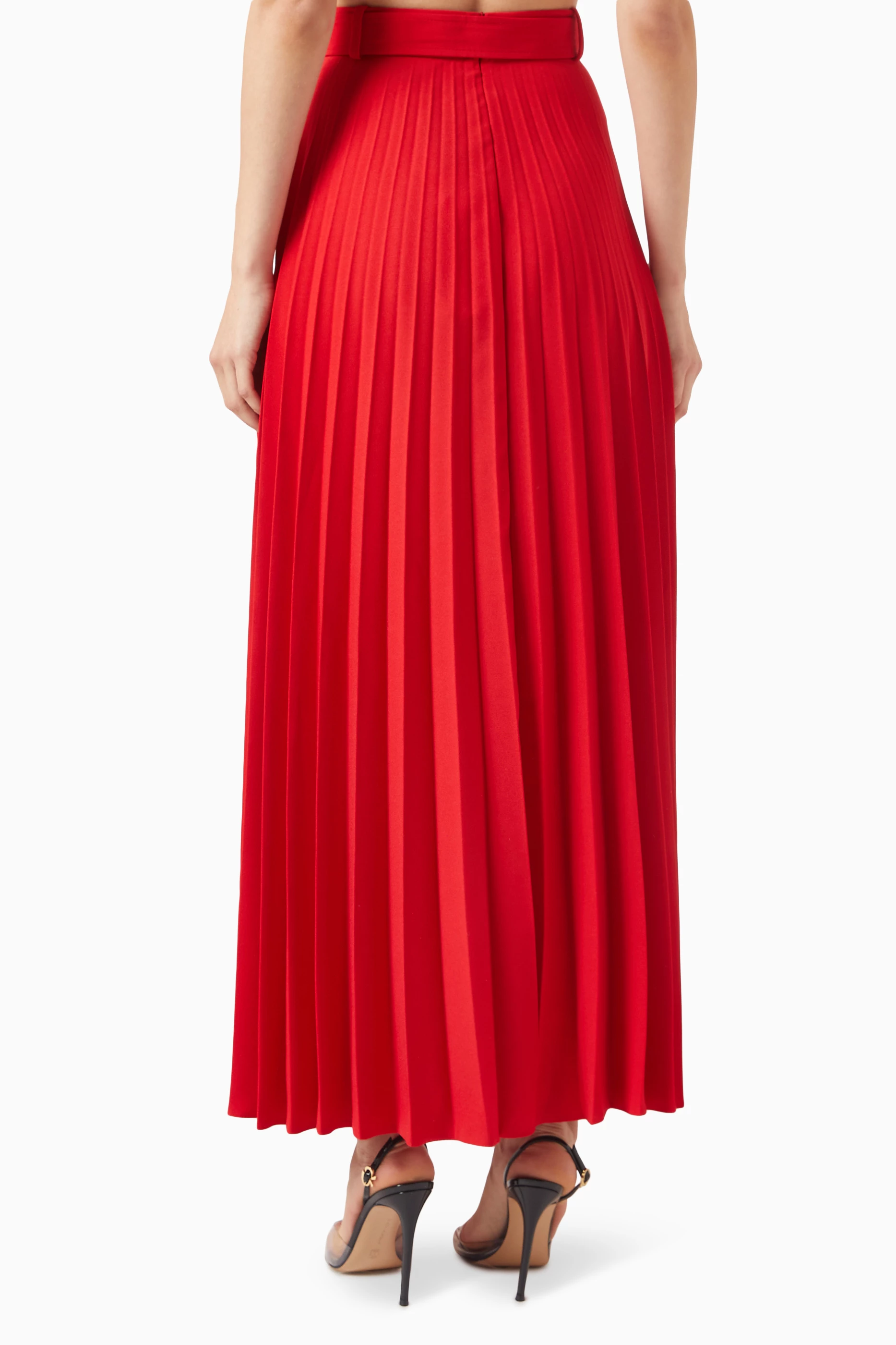 High waisted red pleated maxi skirt online