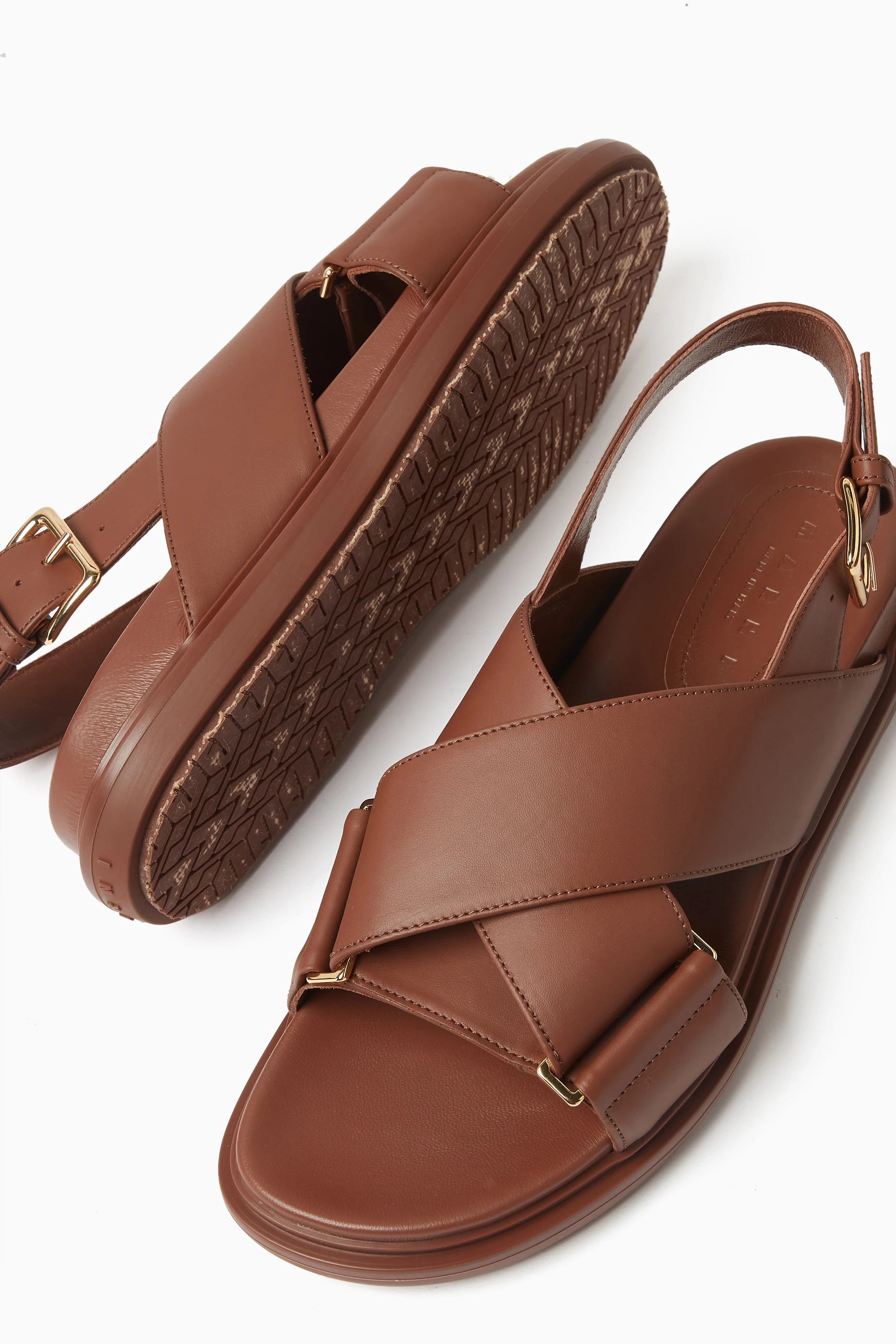 Buy Marni Gold Fussbett Crossover Sandals in Leather For Women Online Ounass Saudi