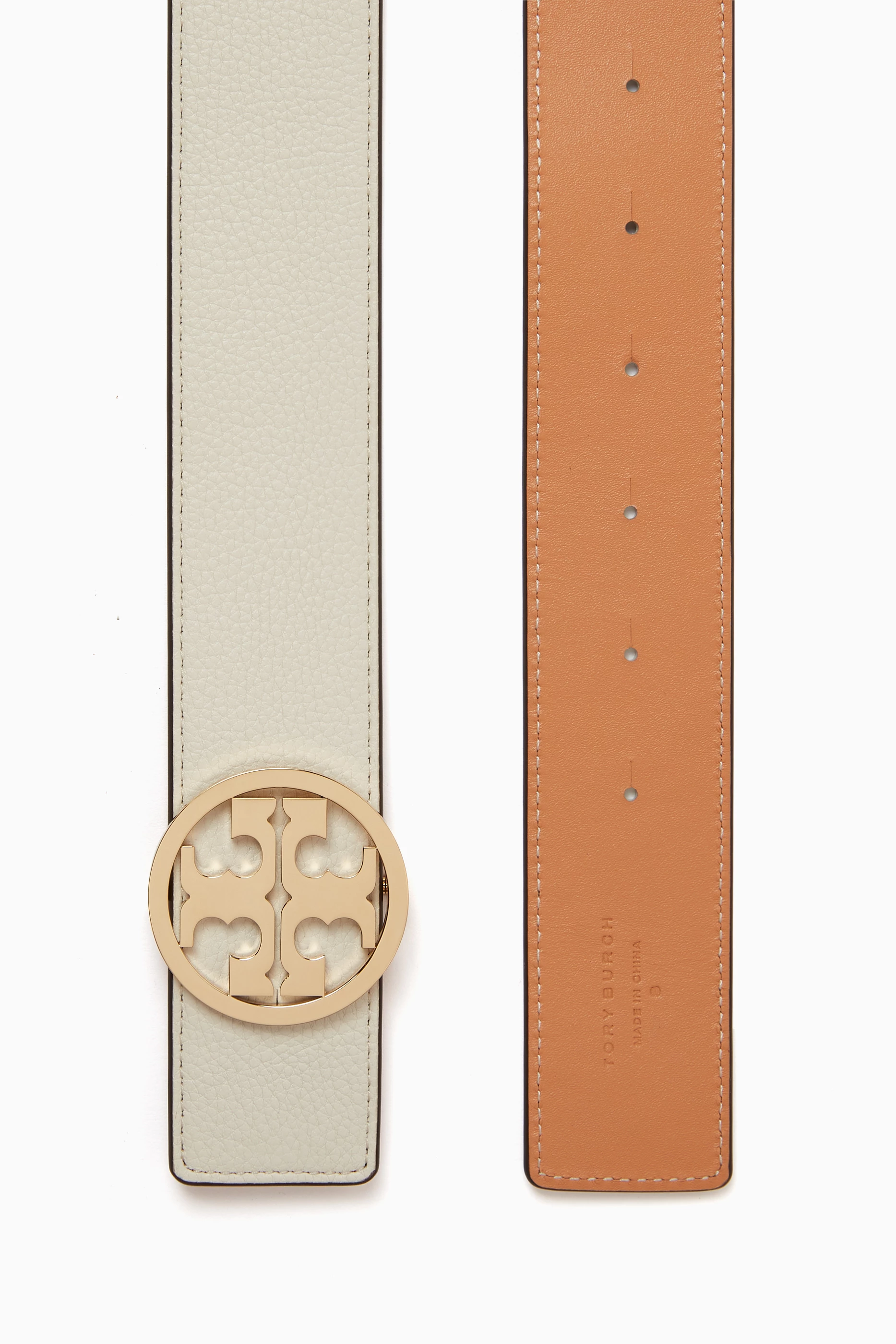 Tory Burch White Leather Belt with Gold Logo Medallion Plate Belt: Women main image 2
