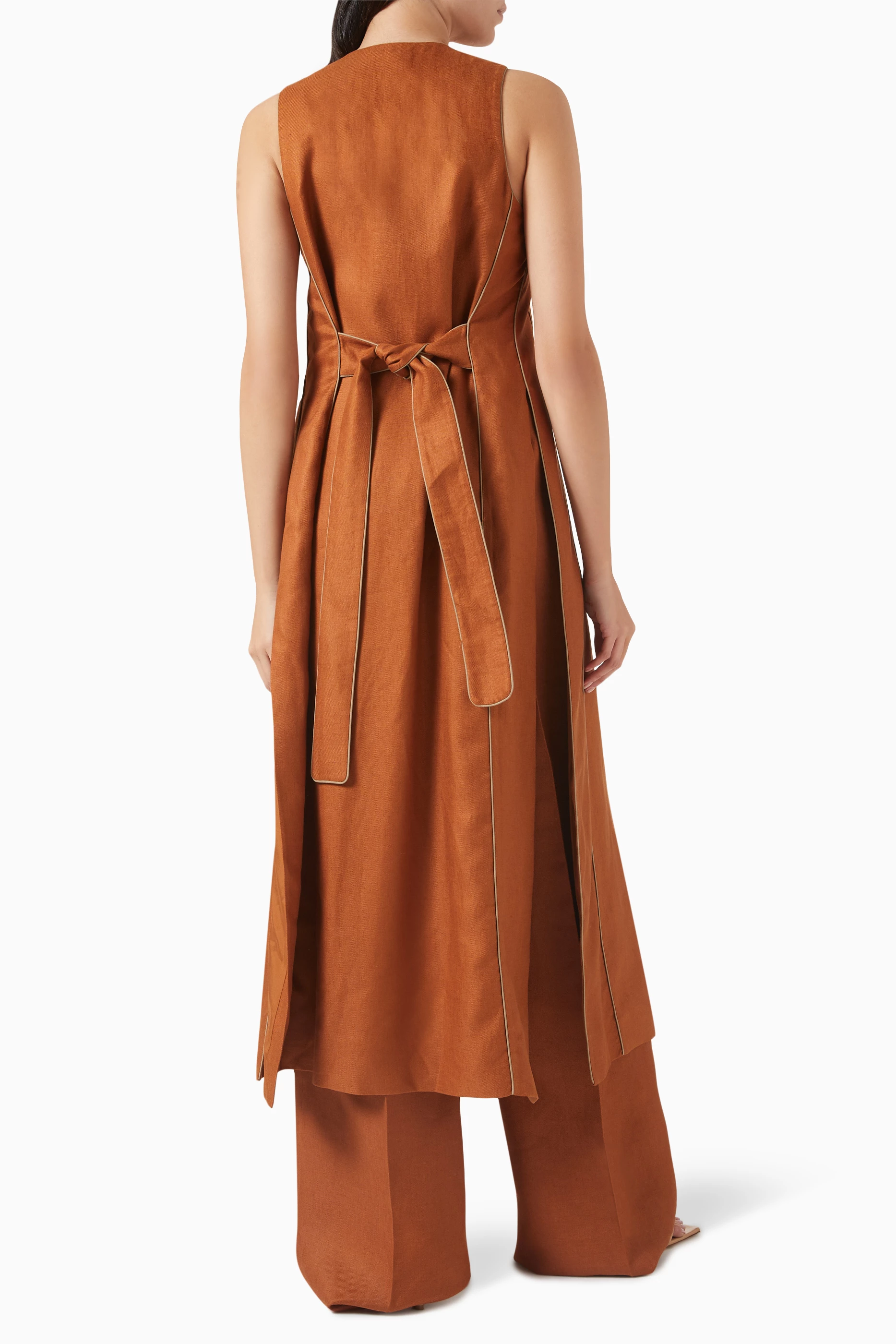 Buy Max Mara Brown Aureo Long Waistcoat in Linen Twill For