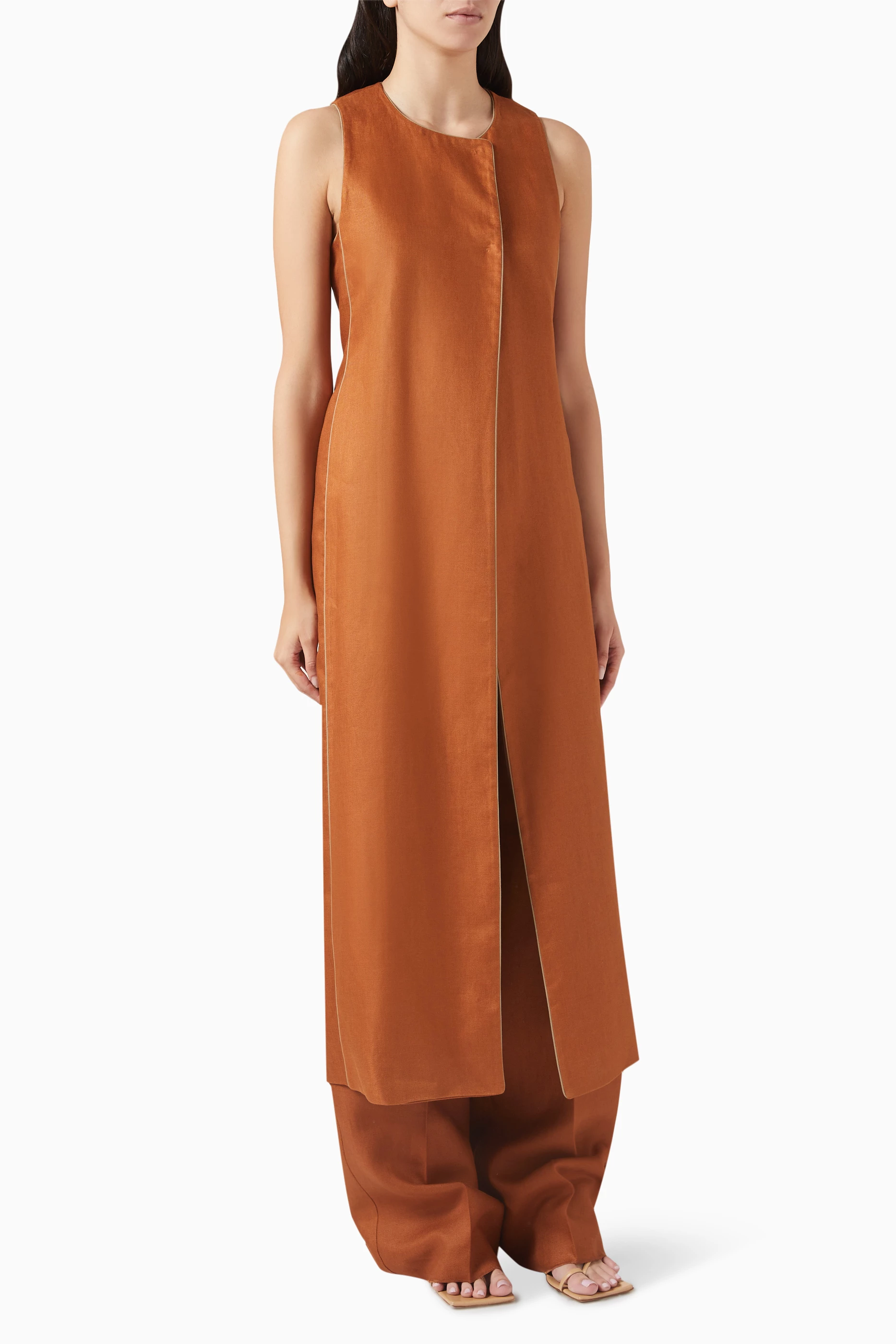 Buy Max Mara Brown Aureo Long Waistcoat in Linen Twill For