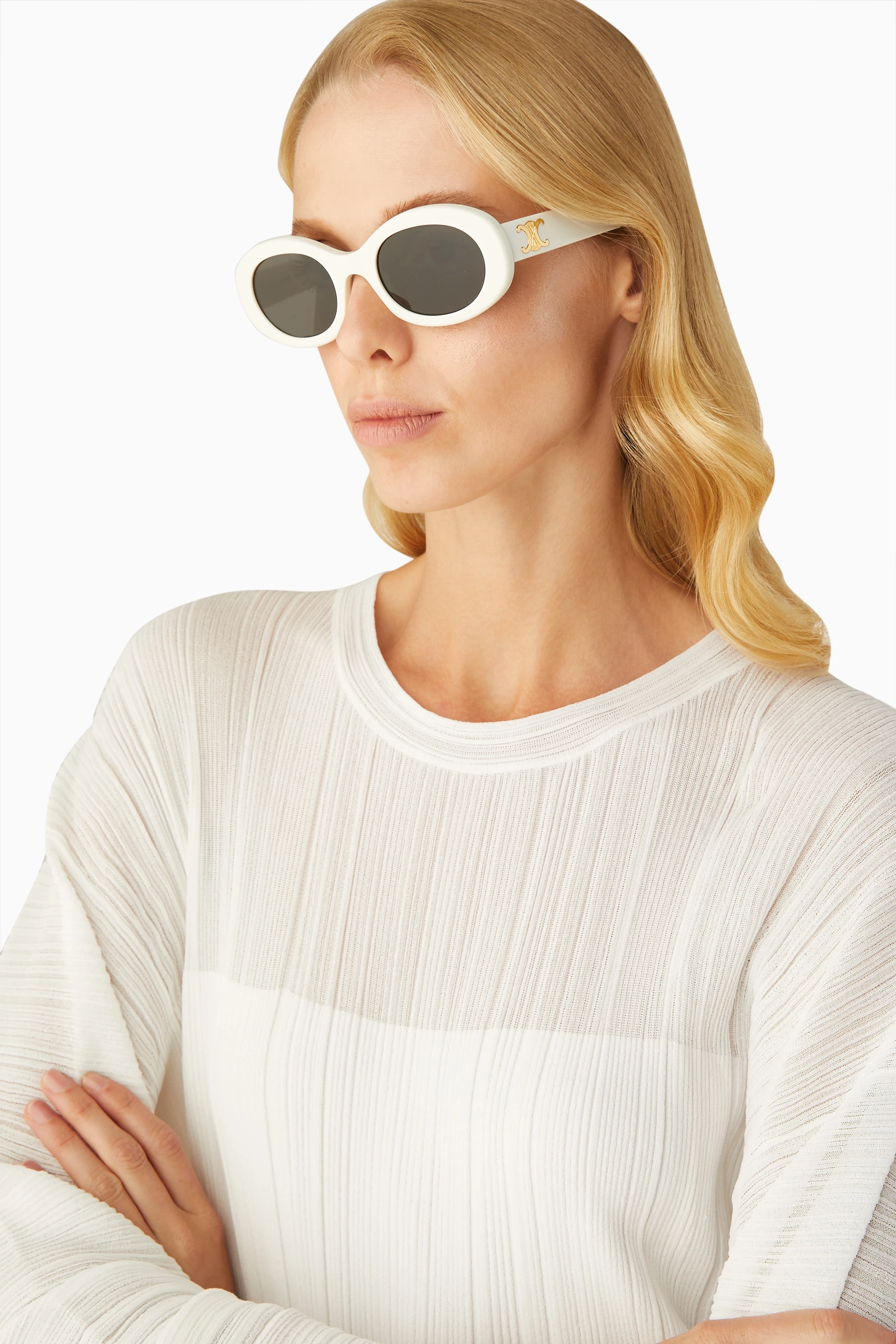 Buy CELINE White Triomphe Oval Sunglasses in Acetate For  display picture 3