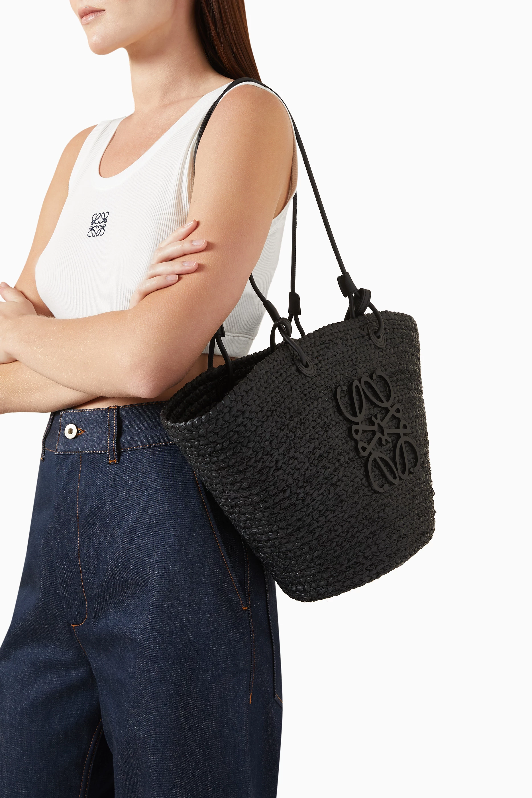 Buy LOEWE Black Medium Anagram Basket Bag in Iraca Palm