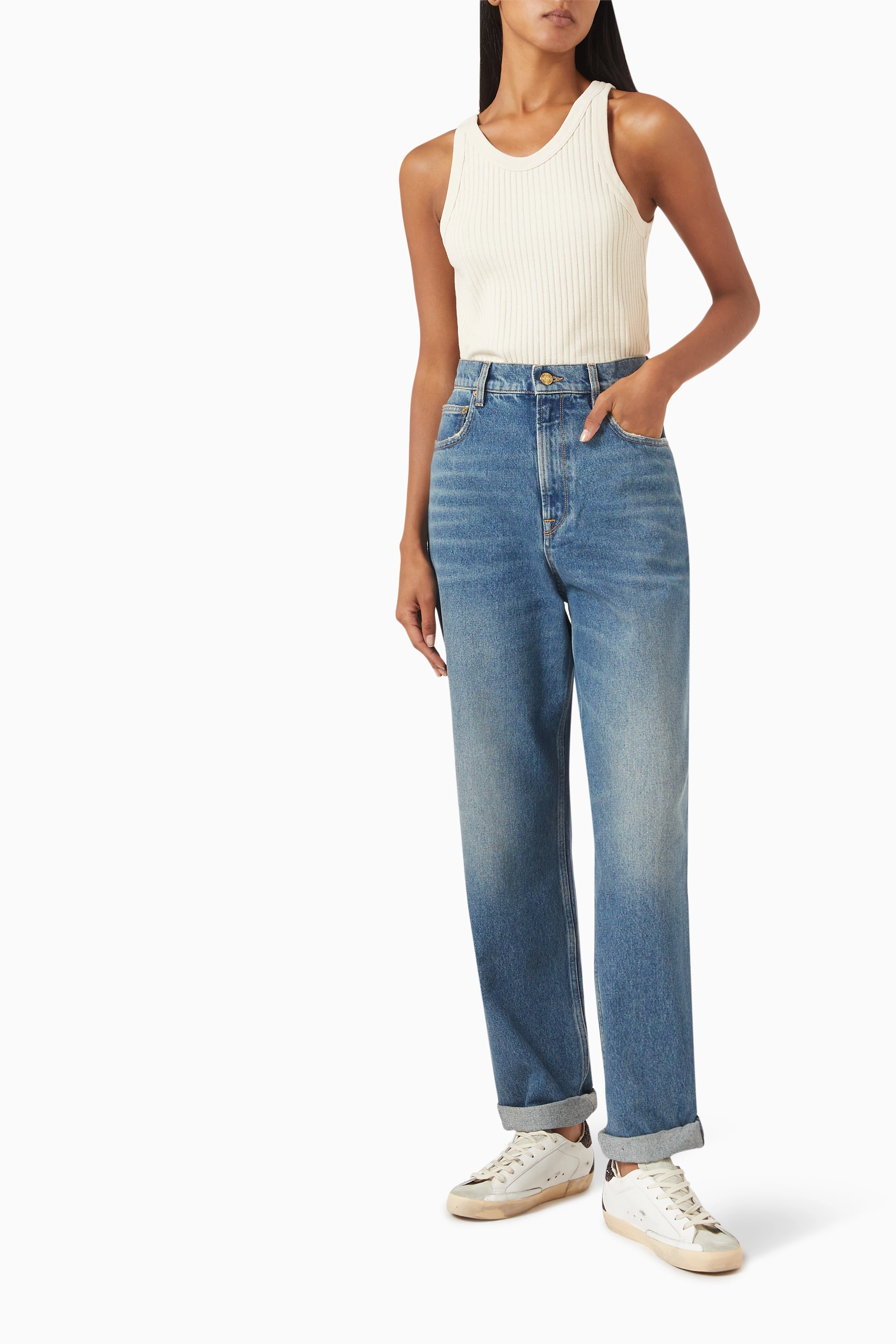 【関税&送料込】Golden Goose Wide Light Blue Jeans Golden Goose Wide light blue jeans, sand-wash distressed