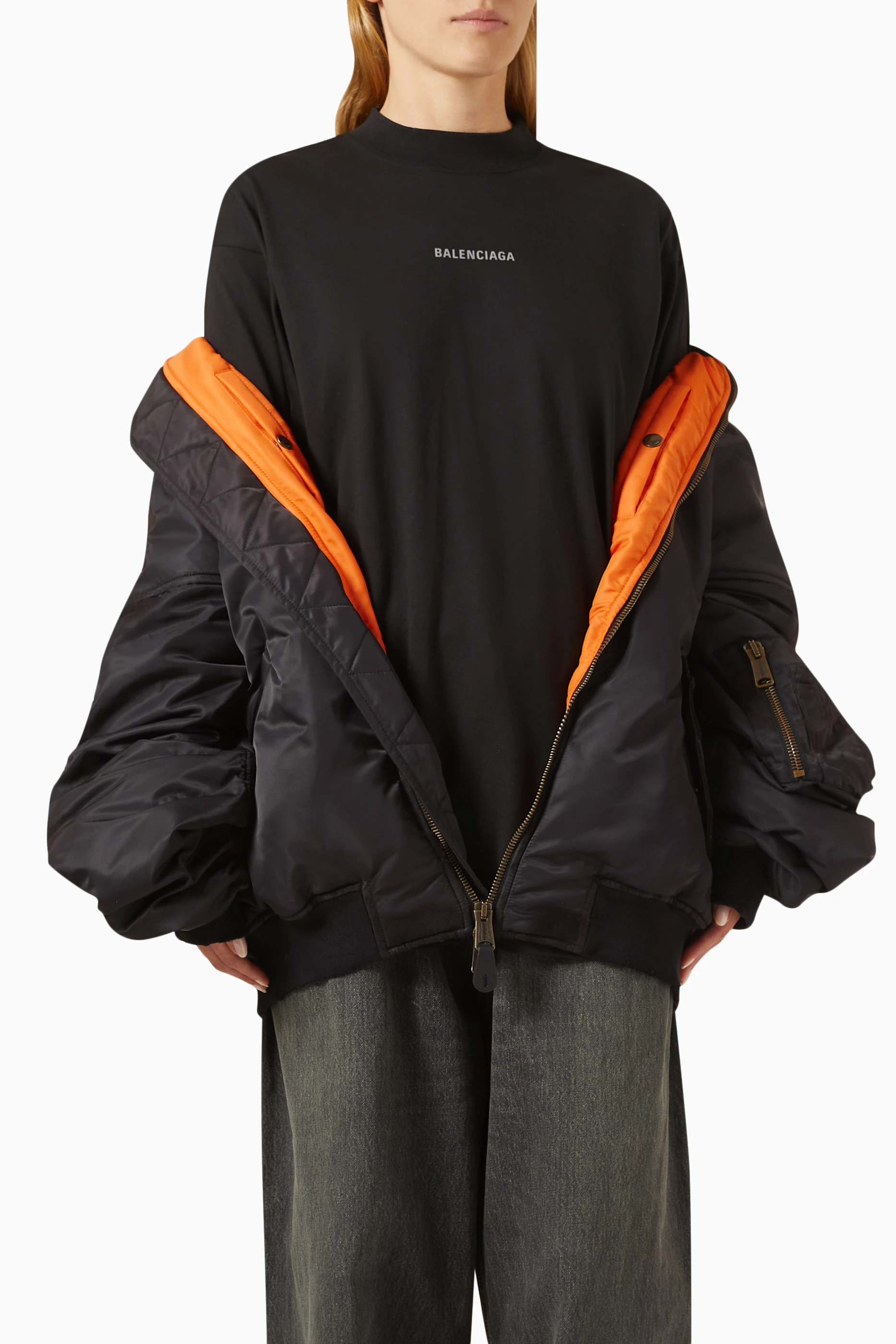 Buy Balenciaga Black Unisex Off Shoulder Bomber Jacket in