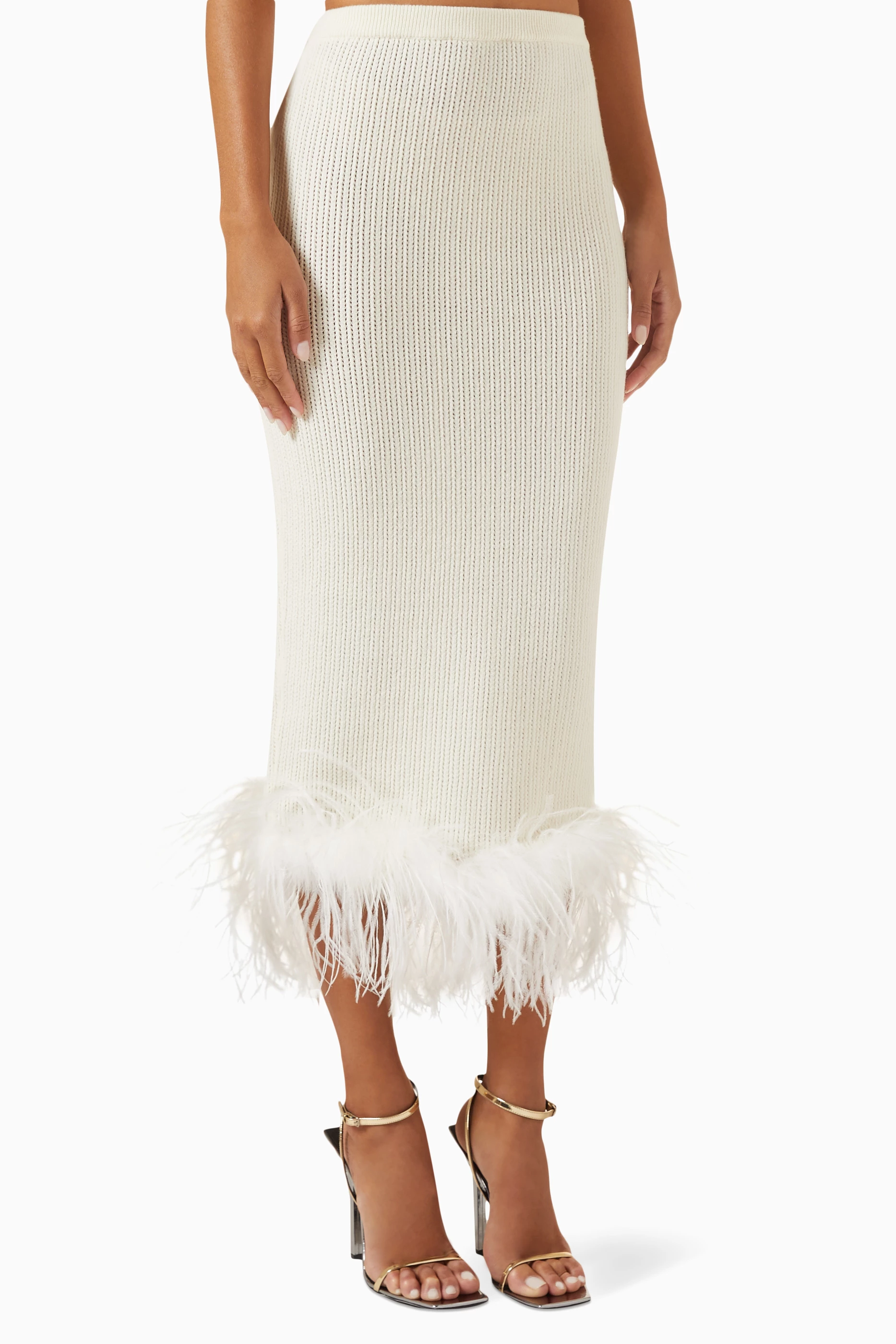 Buy Alessandra Rich White Feather trimmed Midi Skirt in Wool knit For Women Online Ounass Saudi