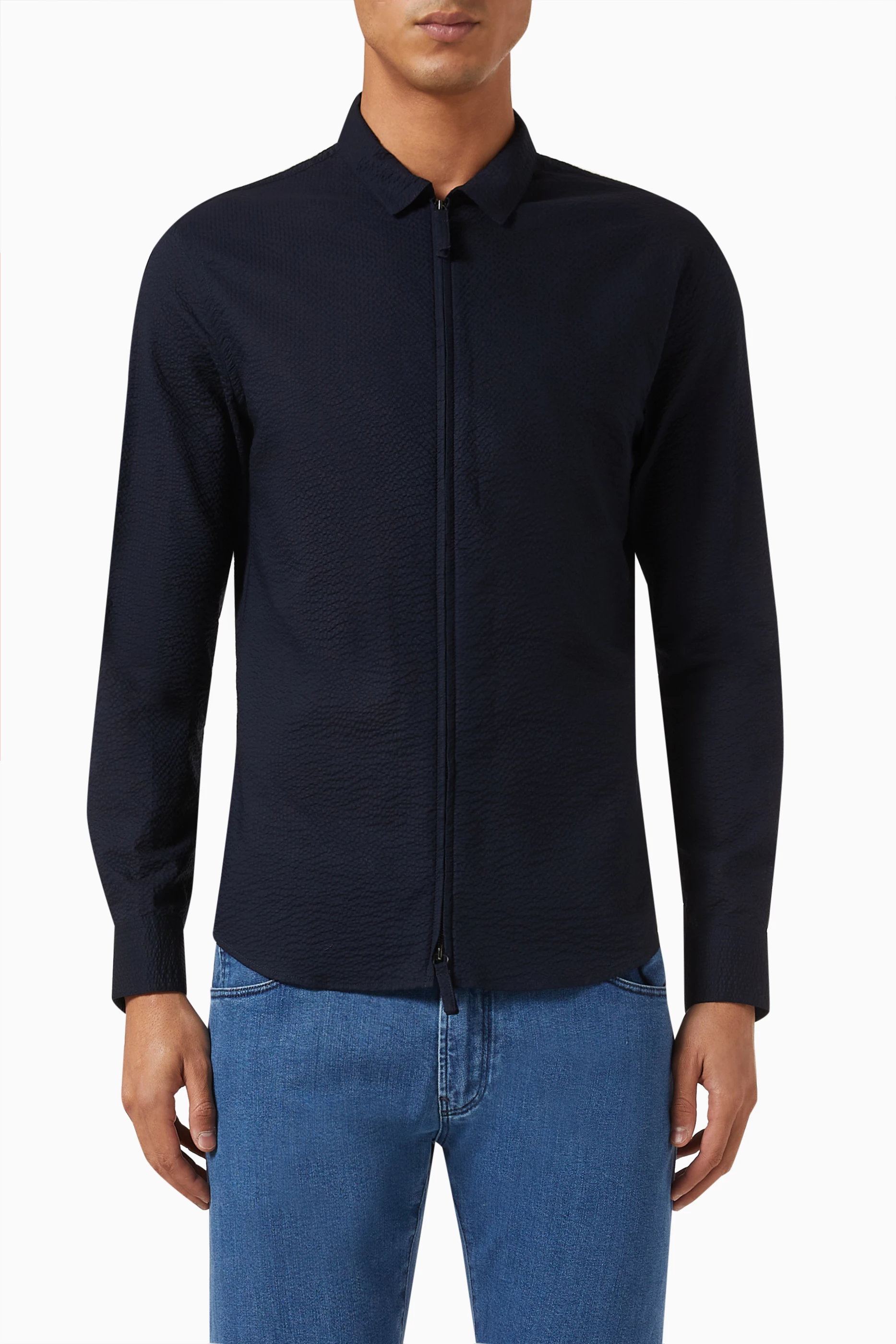 Buy Giorgio Armani Blue Zip-up Shirt in Seersucker For Men Online