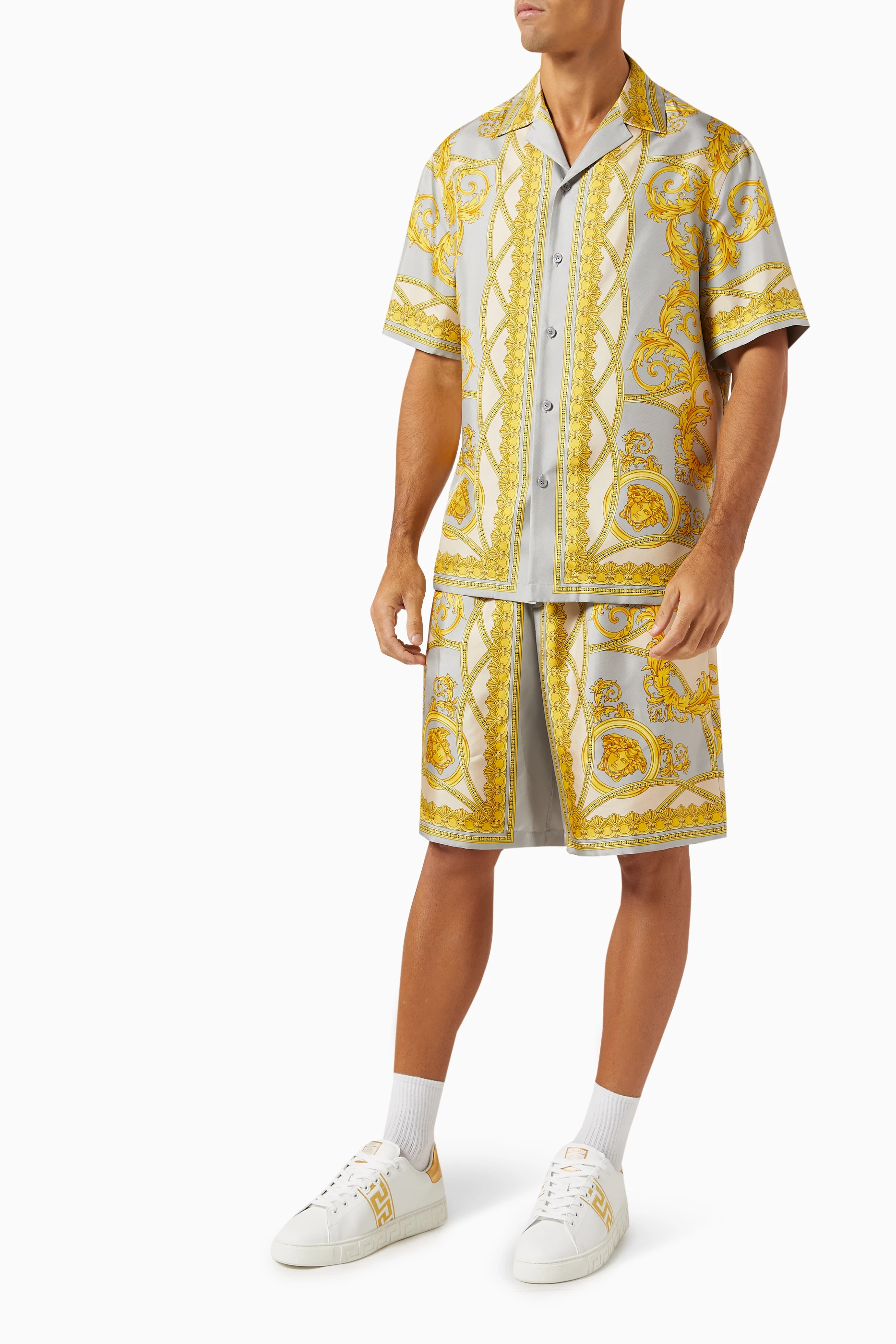 Buy Versace Multicolour La Coupe des Dieux Shorts in Silk