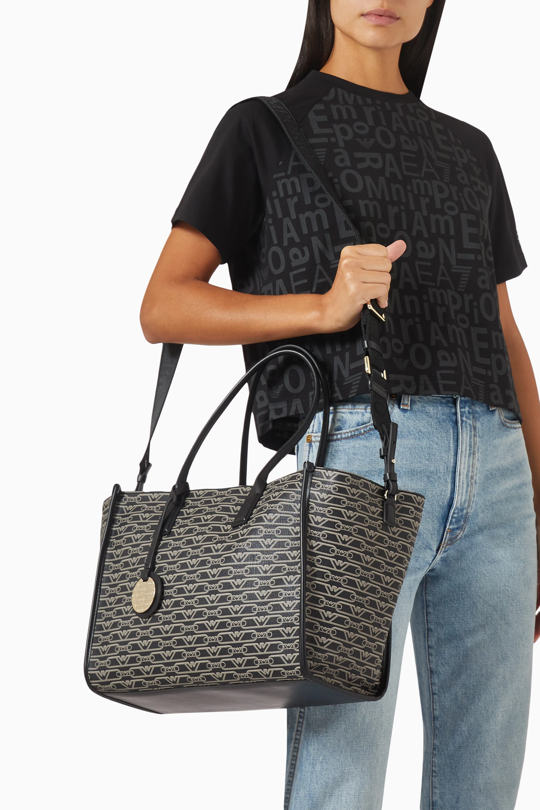 Buy Emporio Armani Black Medium Monogram Logo Tote Bag For Women Online Ounass Saudi