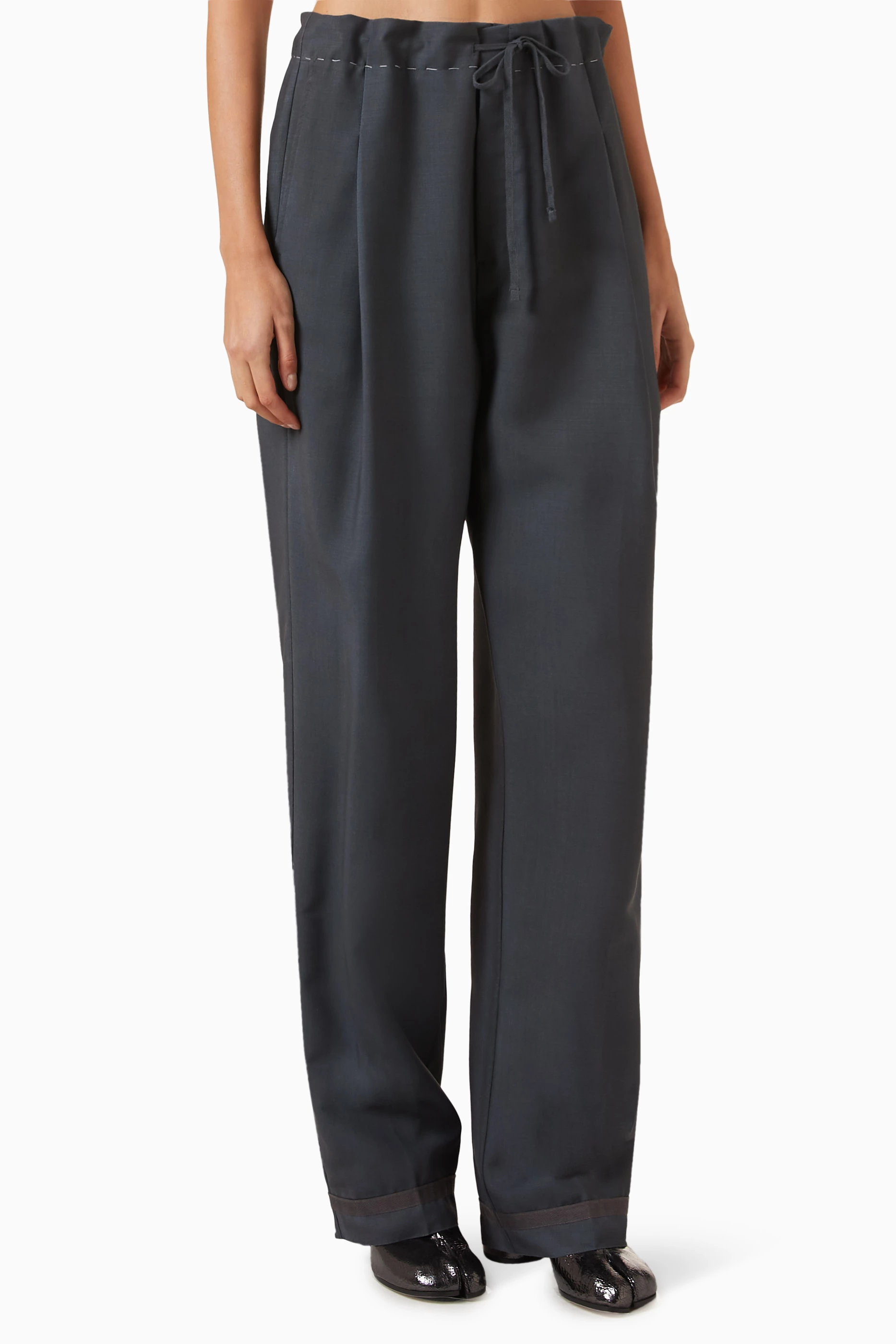Buy Maison Margiela Grey Drawstring Pants in Wool Mohair For