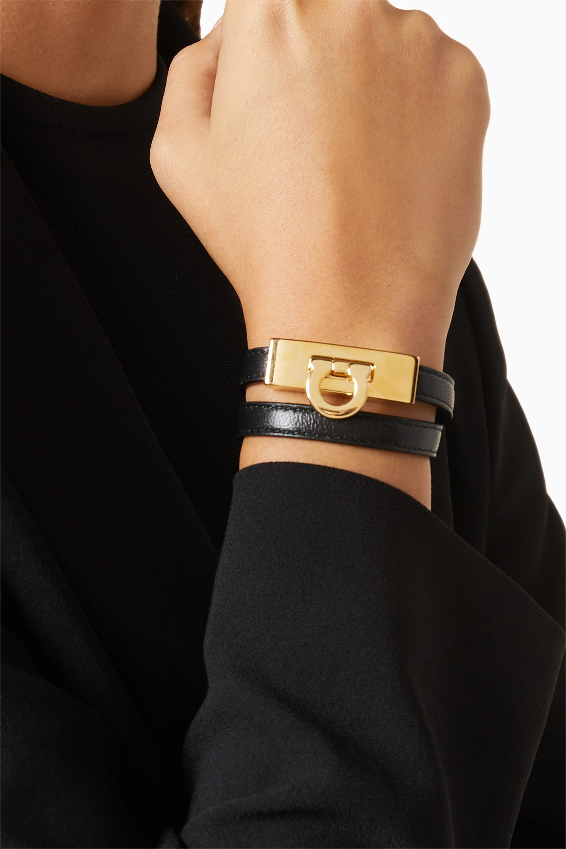 Buy Ferragamo Black Gancini Double-twist Wrap Bracelet in Leather