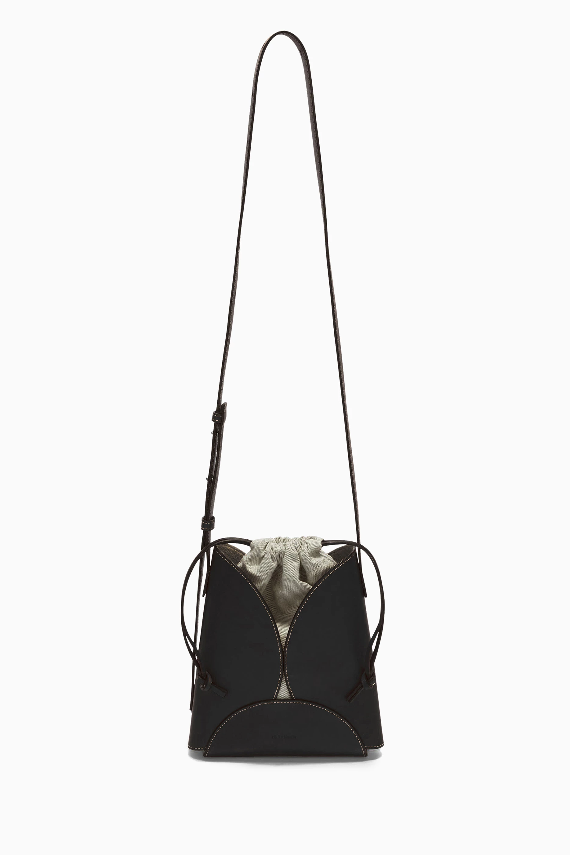 Buy Jil Sander Black Curve Crossbody Bucket Bag in Leather For