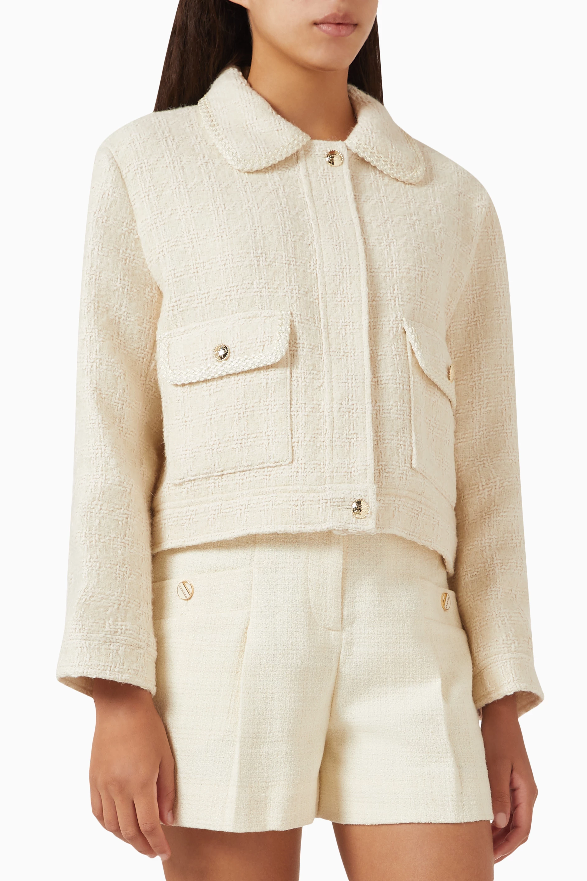 Buy SANDRO White Isabela Crop Jacket in Tweed For Women Online