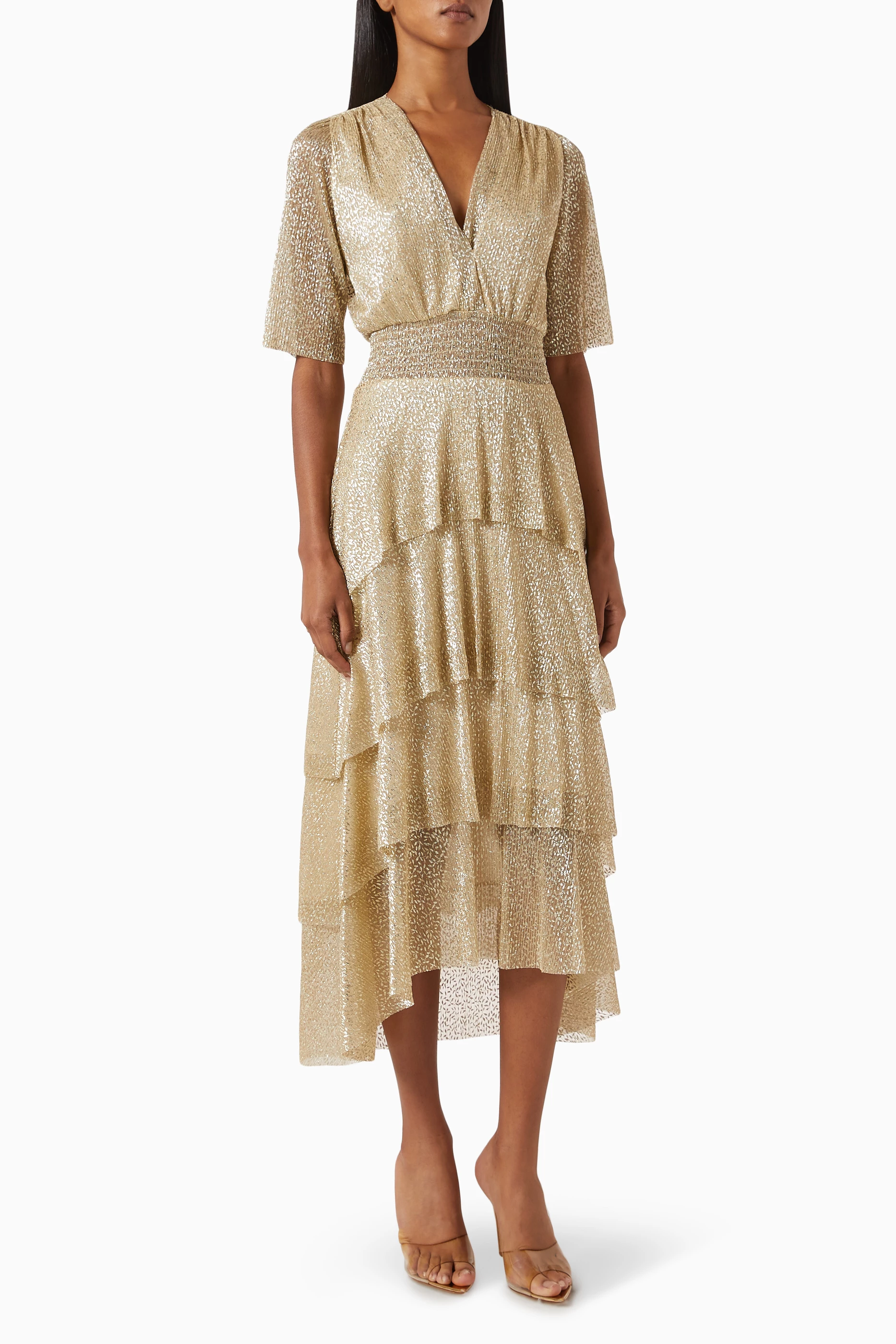 Buy Maje Gold Ruffled Midi Dress in Lame For Women Online Ounass Saudi