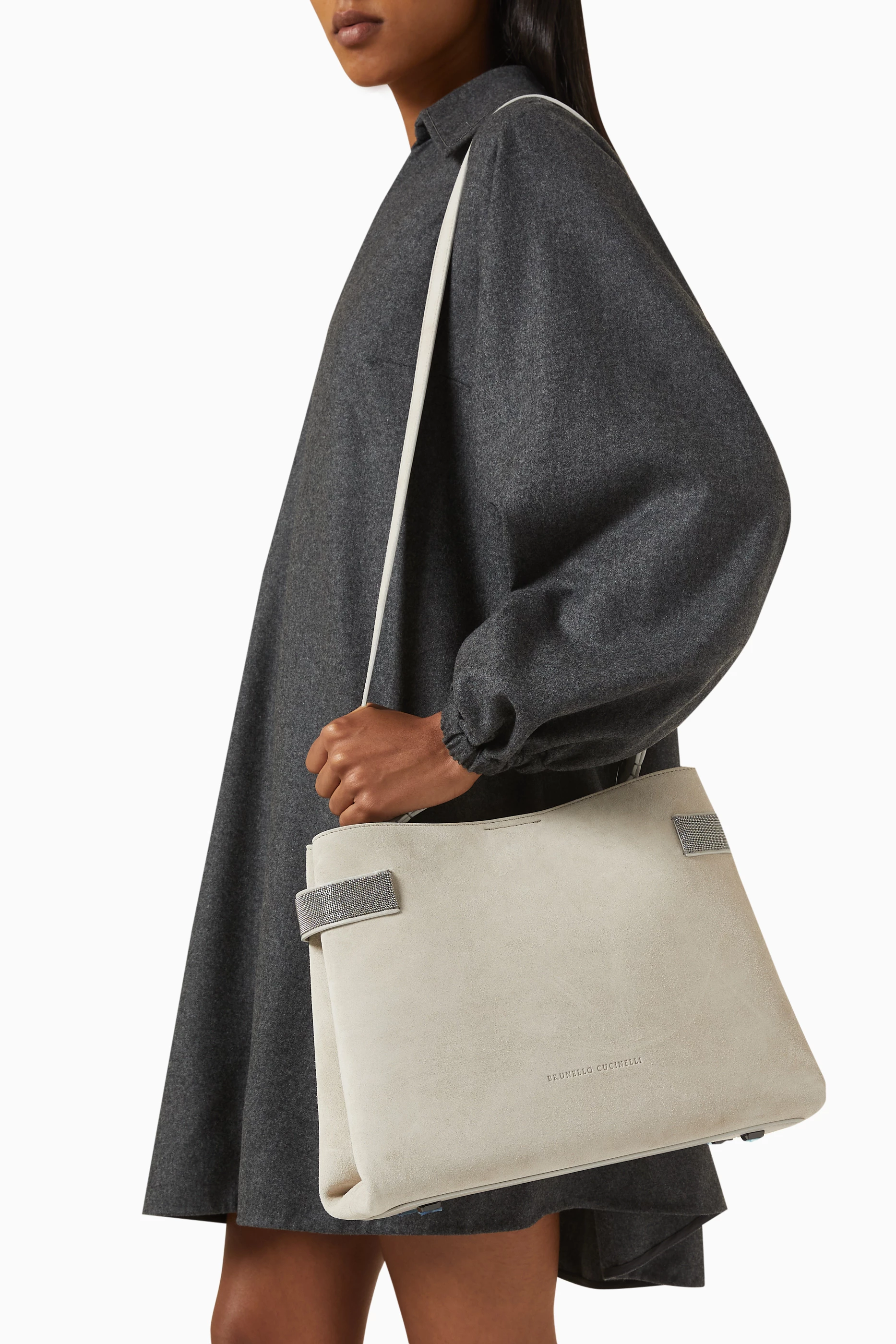 トートバッグ BRUNELLO CUCINELLI Suede pochette with Monili detail Buy Brunello Cucinelli Grey Monili embellished Tote Bag in