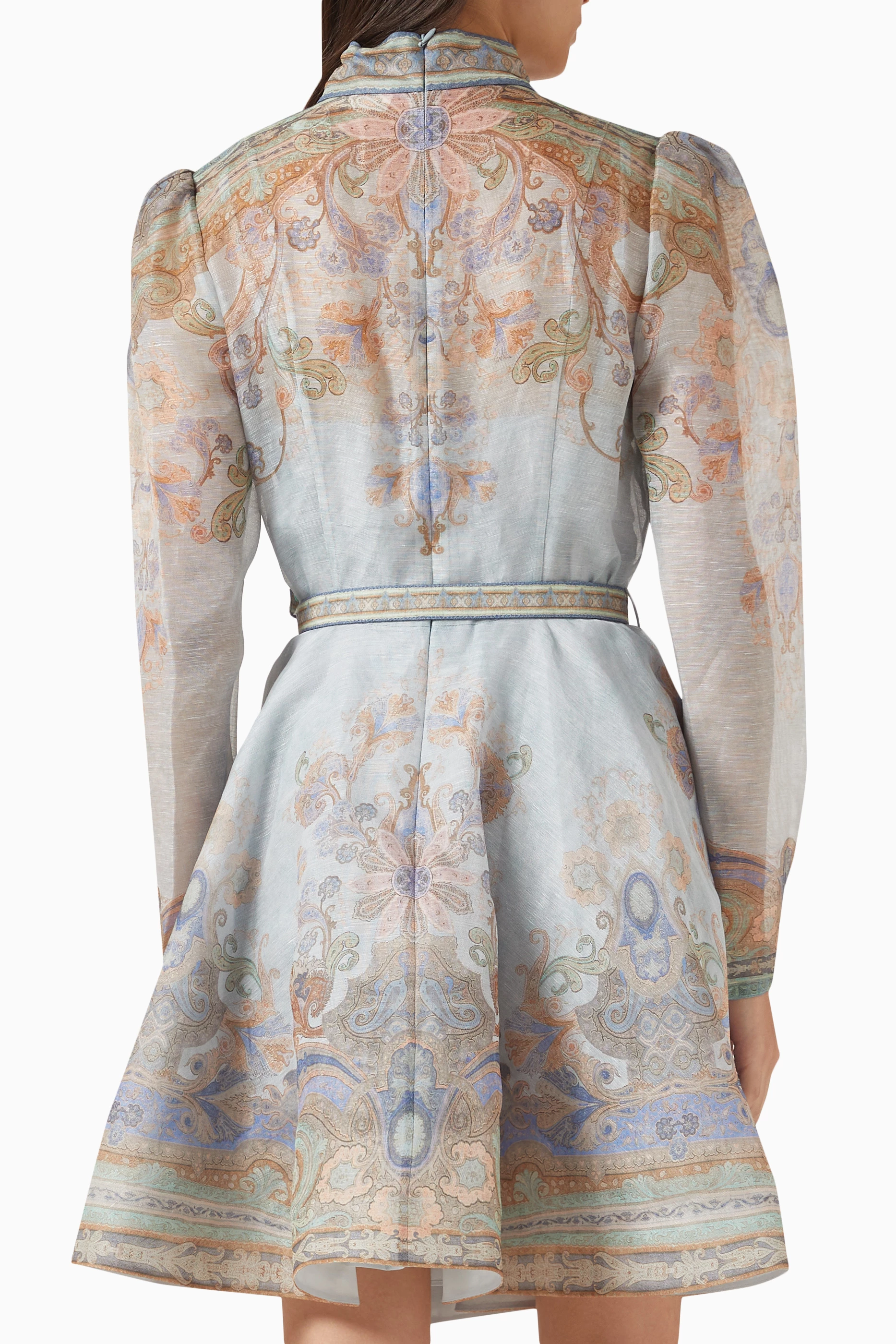 【Zimmermann】EDEN BELTED MINI DRESS ハイネック ベルトミニ Zimmermann Eden Belted Mini Dress in Blue Paisley | REVOLVE
