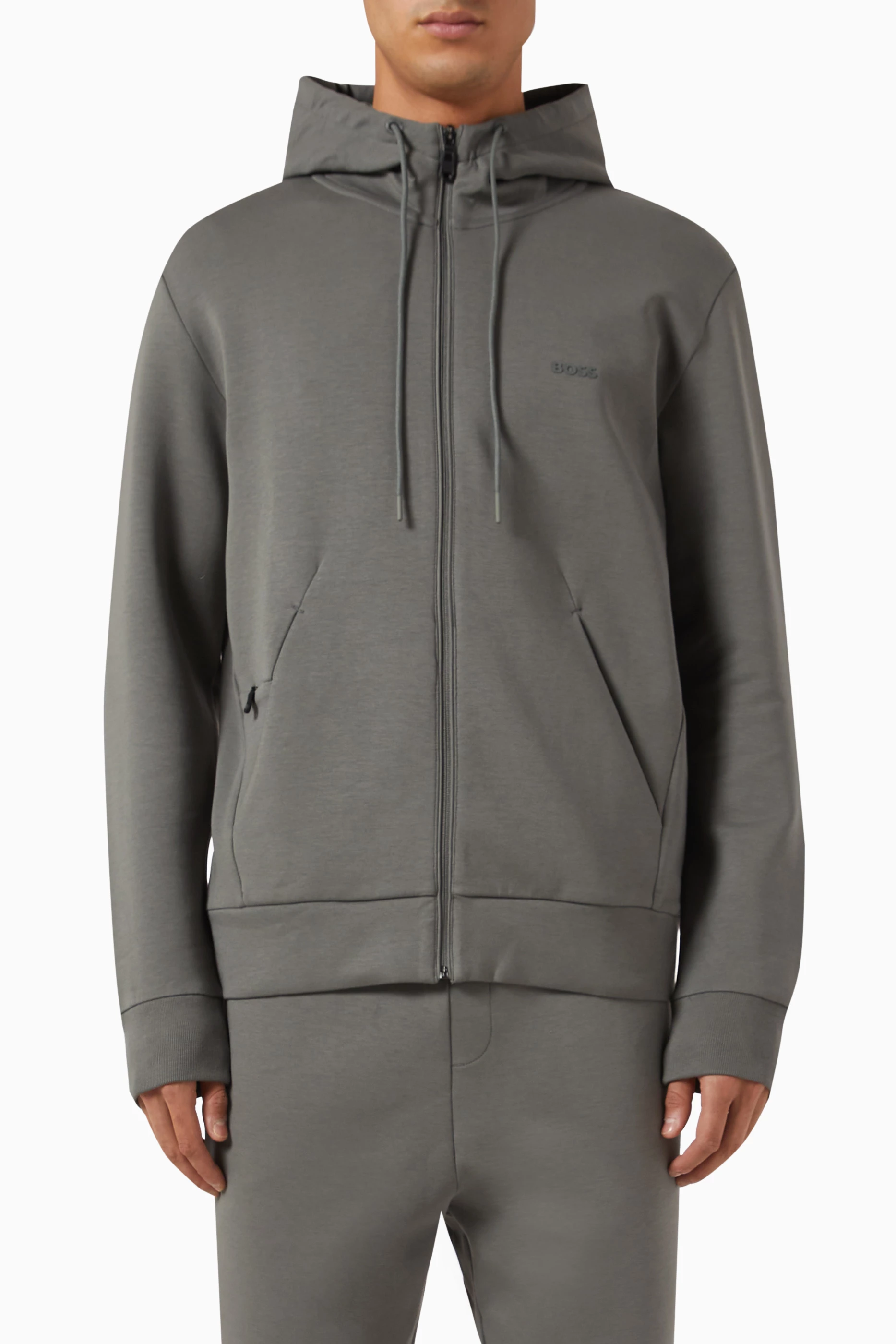 Buy BOSS Grey Saggy Zip Hoodie in Cotton For Men Online Ounass Saudi