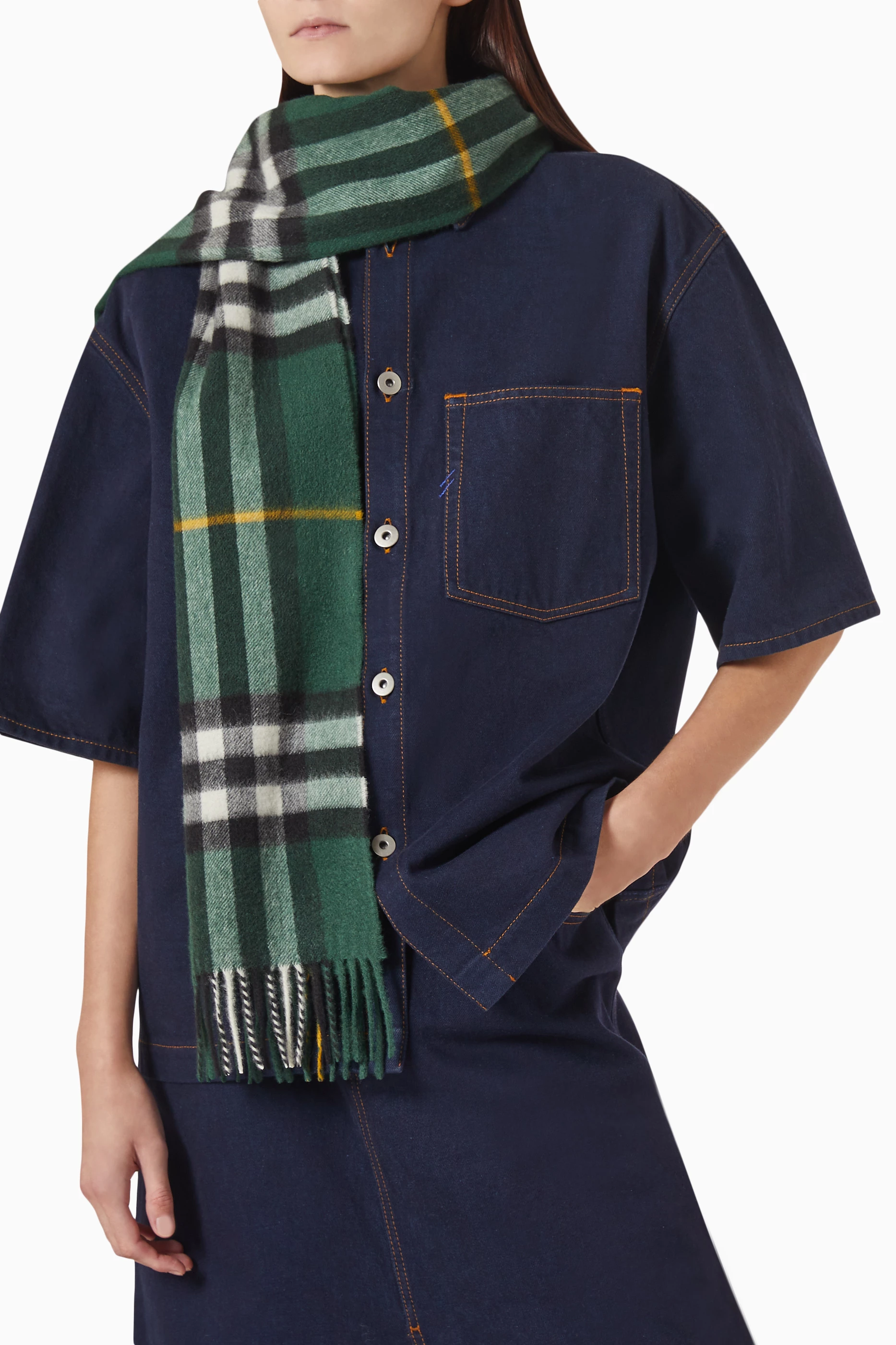 Buy Burberry Green Check Scarf in Cashmere For Women Online