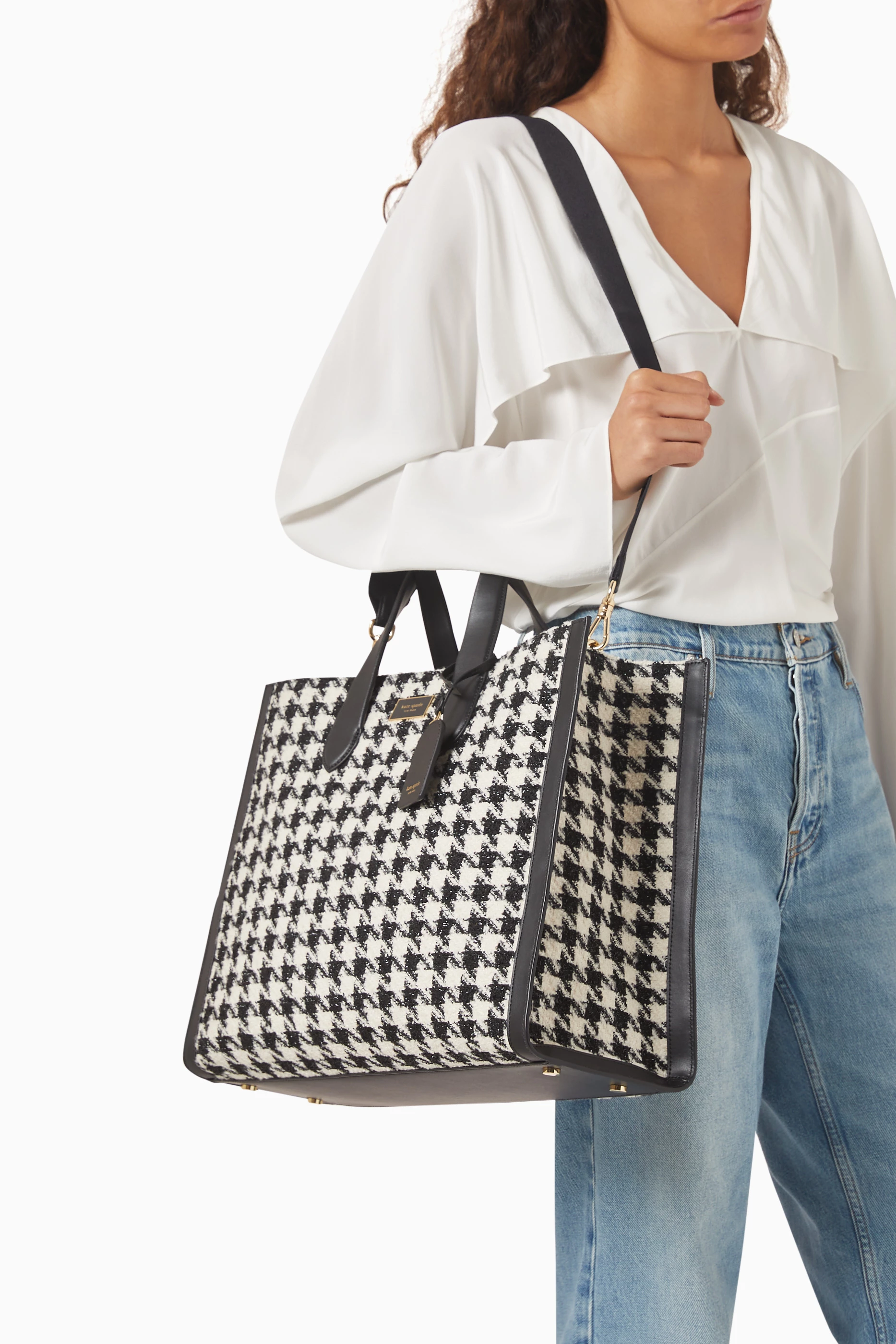 Buy Kate Spade New York Black Large Manhattan Tote Bag in Houndstooth Tweed For Women Online Ounass Saudi
