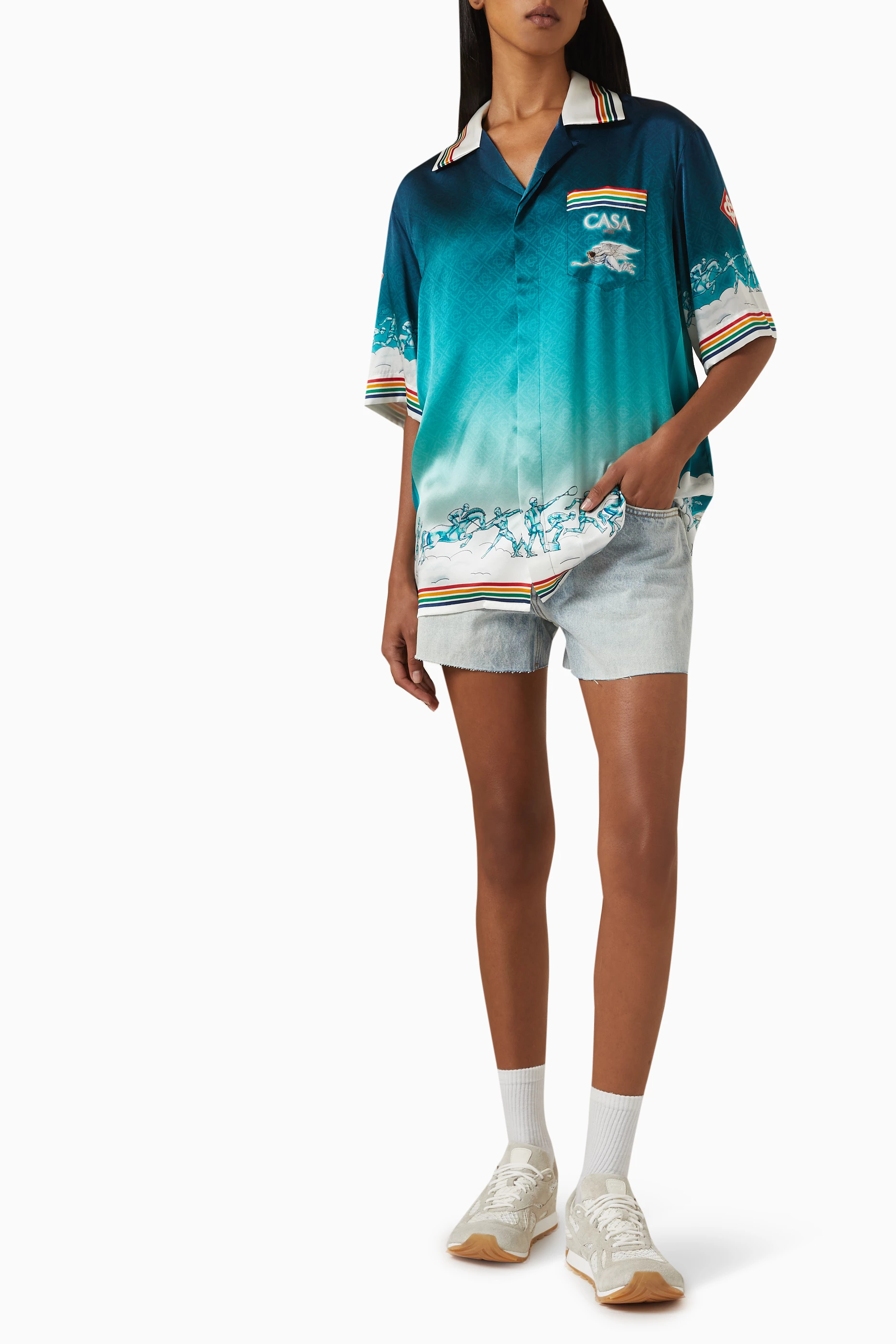 Buy Casablanca Blue La Deesse du Stade Cuban Shirt in Silk For 