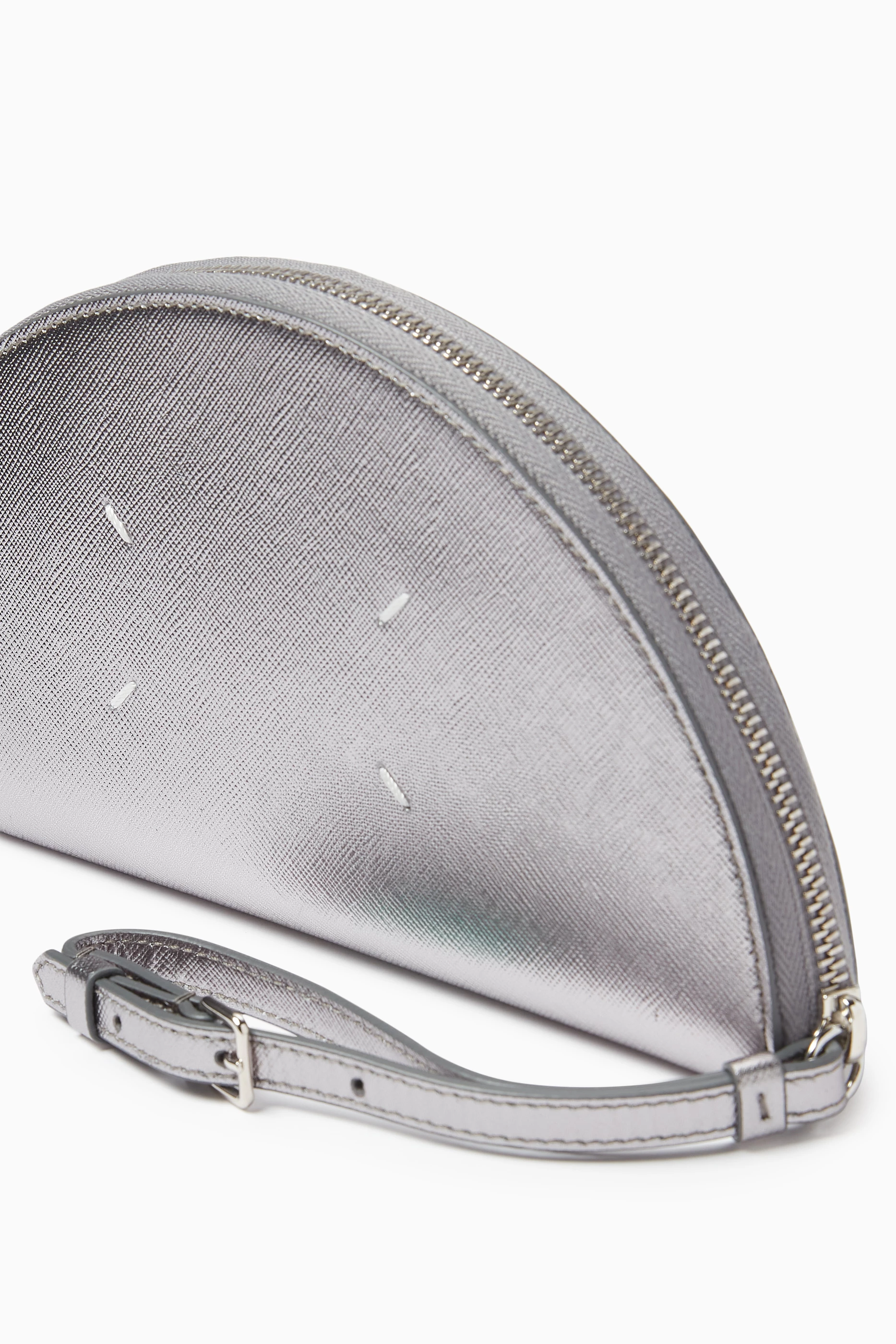 Buy Maison Margiela Grey Mini Half Moon Pouch in Metallic Saffiano