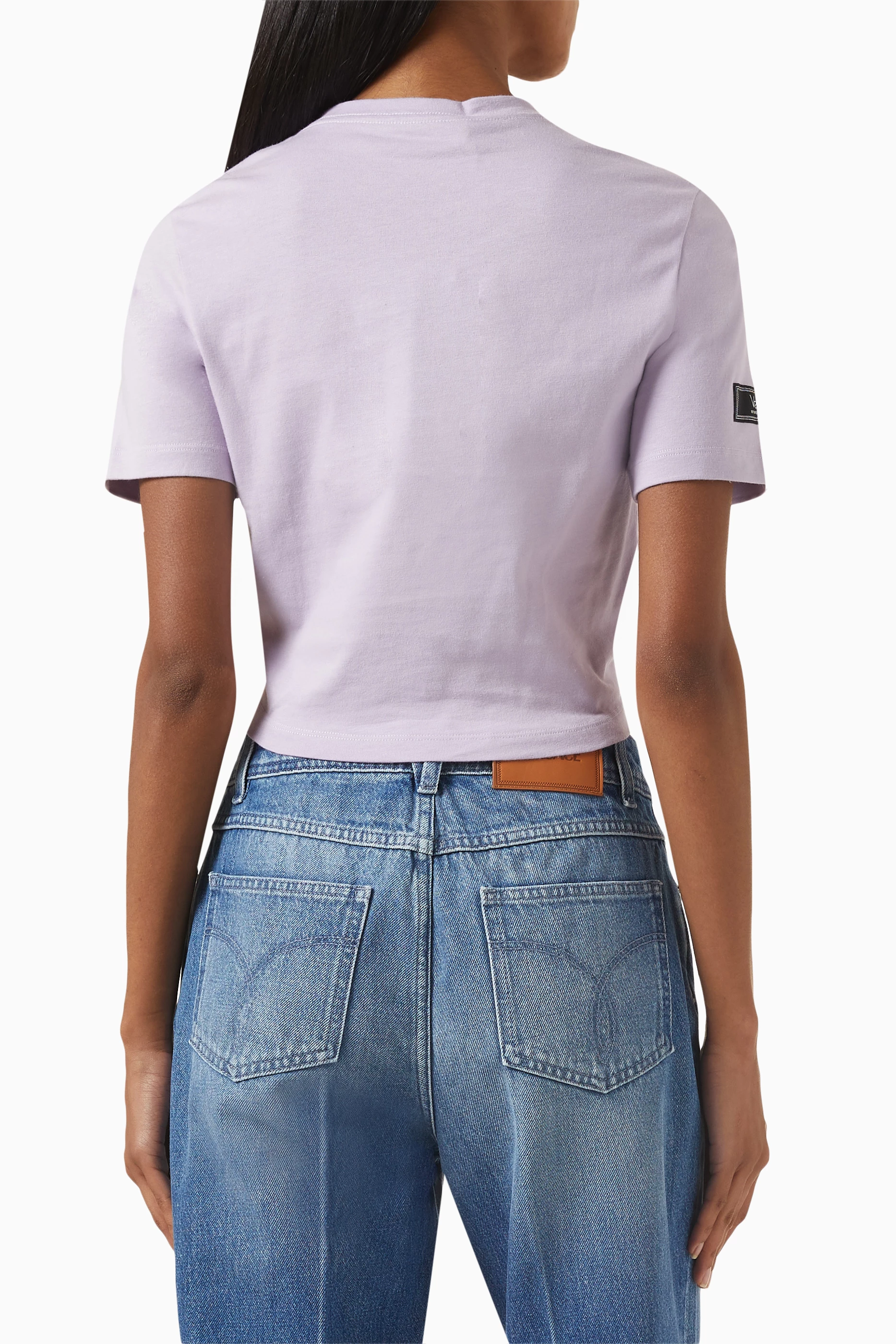 Tシャツ・カットソー VERSACE Women Tops 1010024 PURPLE Versace logo-print Cotton t-shirt | Purple | FARFETCH