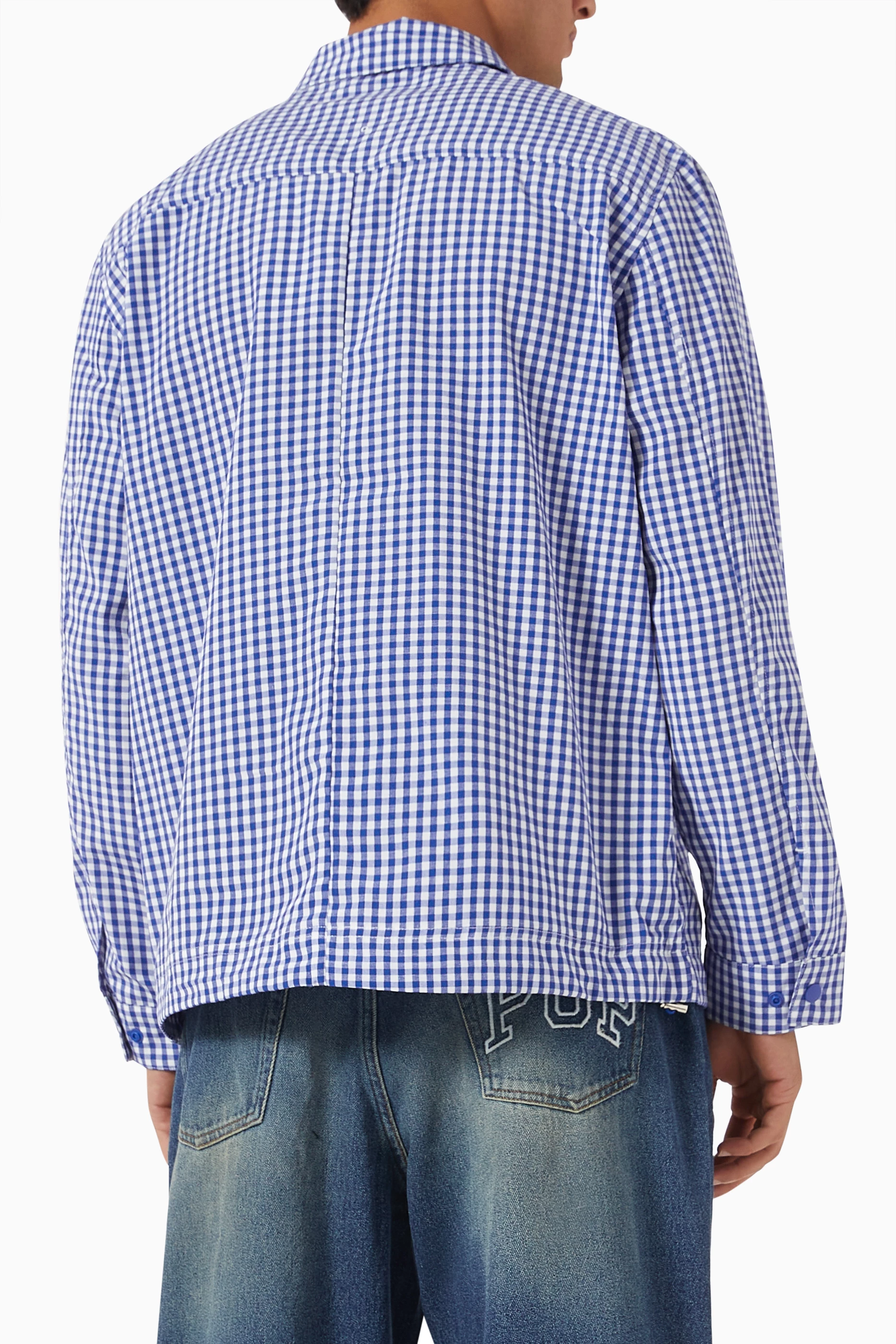 Buy Pop Trading Blue Checked Boxer Overshirt in Cotton-blend For