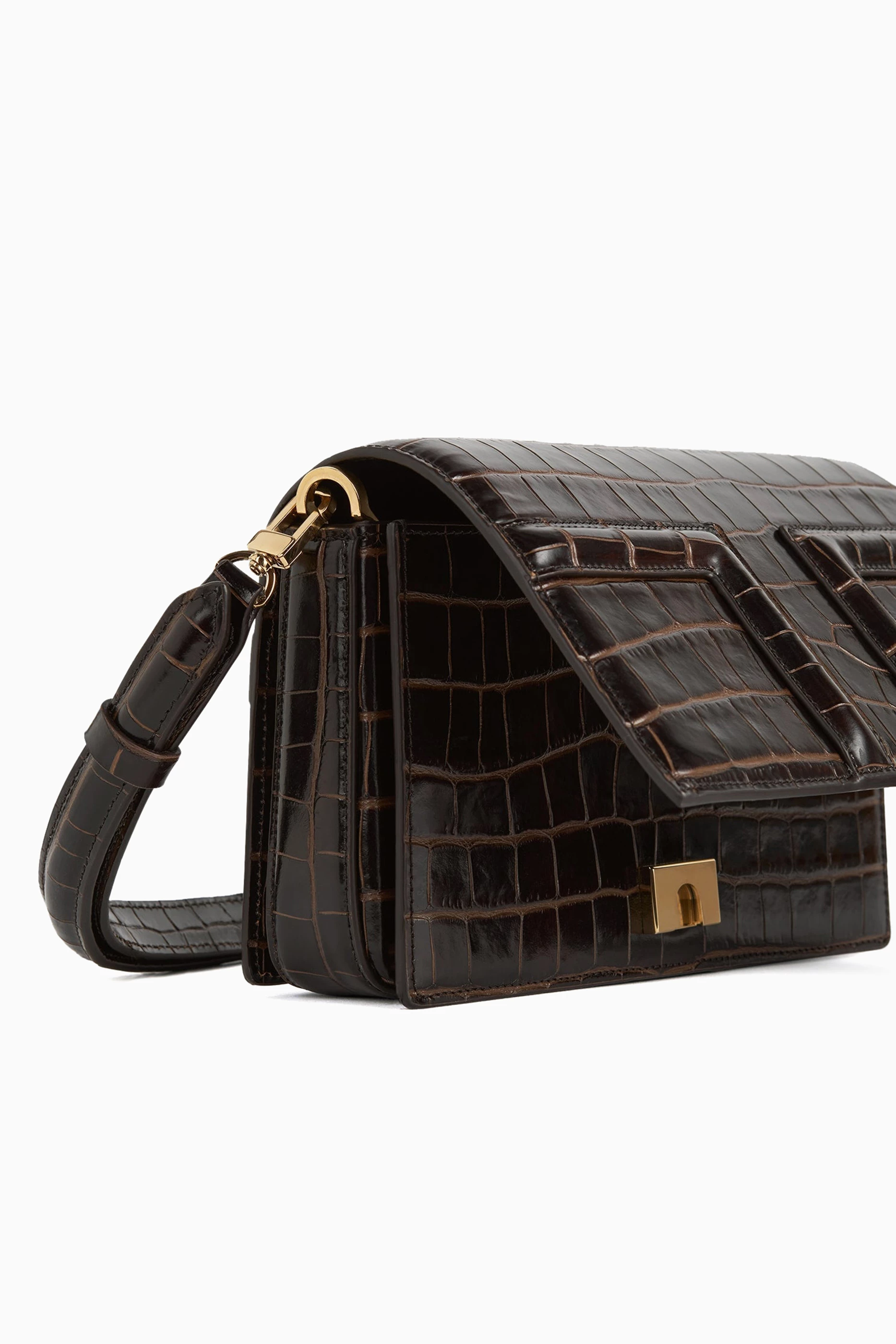 Buy Toteme Brown Mini T-flap Bag in Croc-embossed Leather For