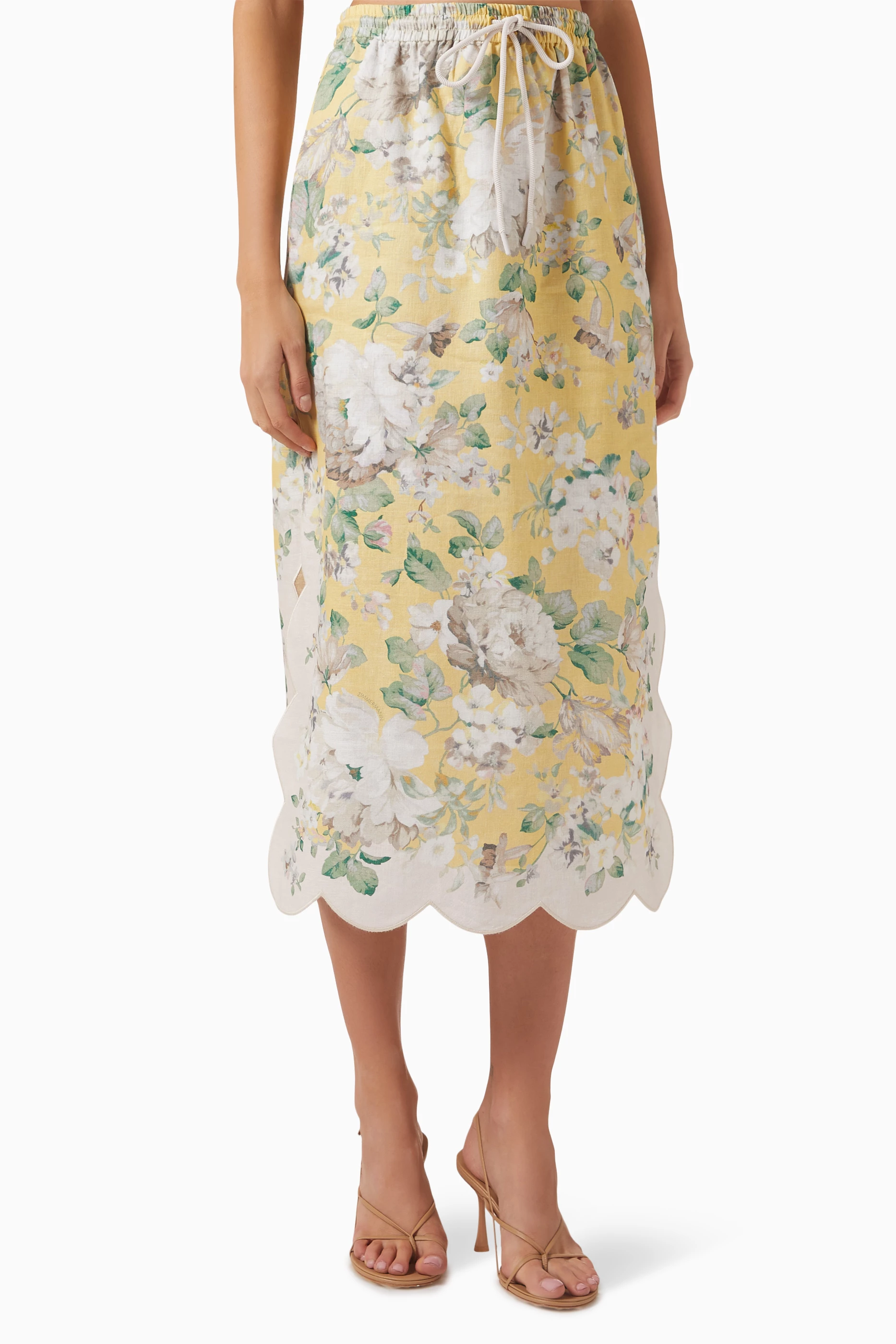 Buy Zimmermann Yellow Acacia Scallop Midi Skirt in Linen For