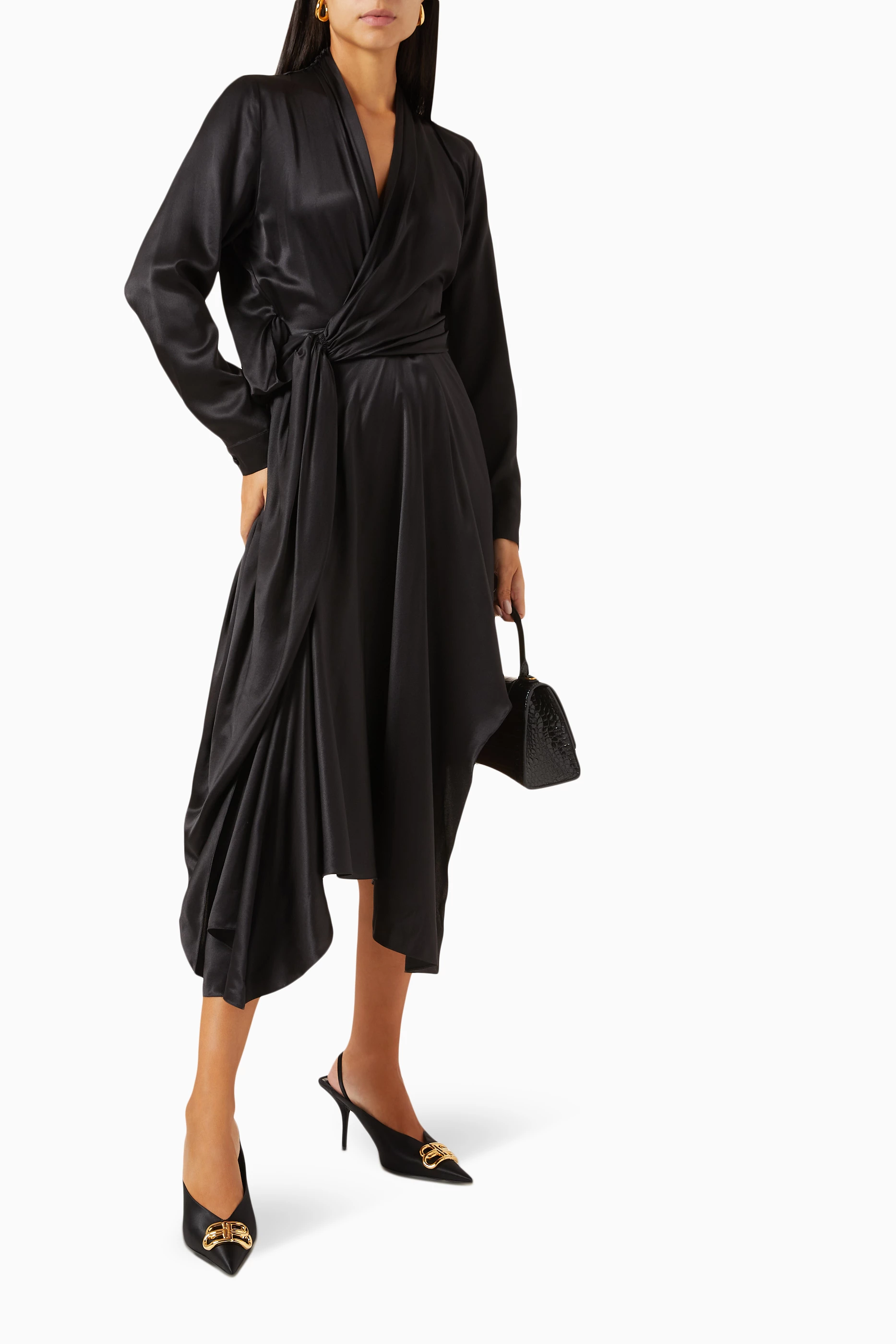 Buy Balenciaga Black Draped Midi Dress in Silk Satin For