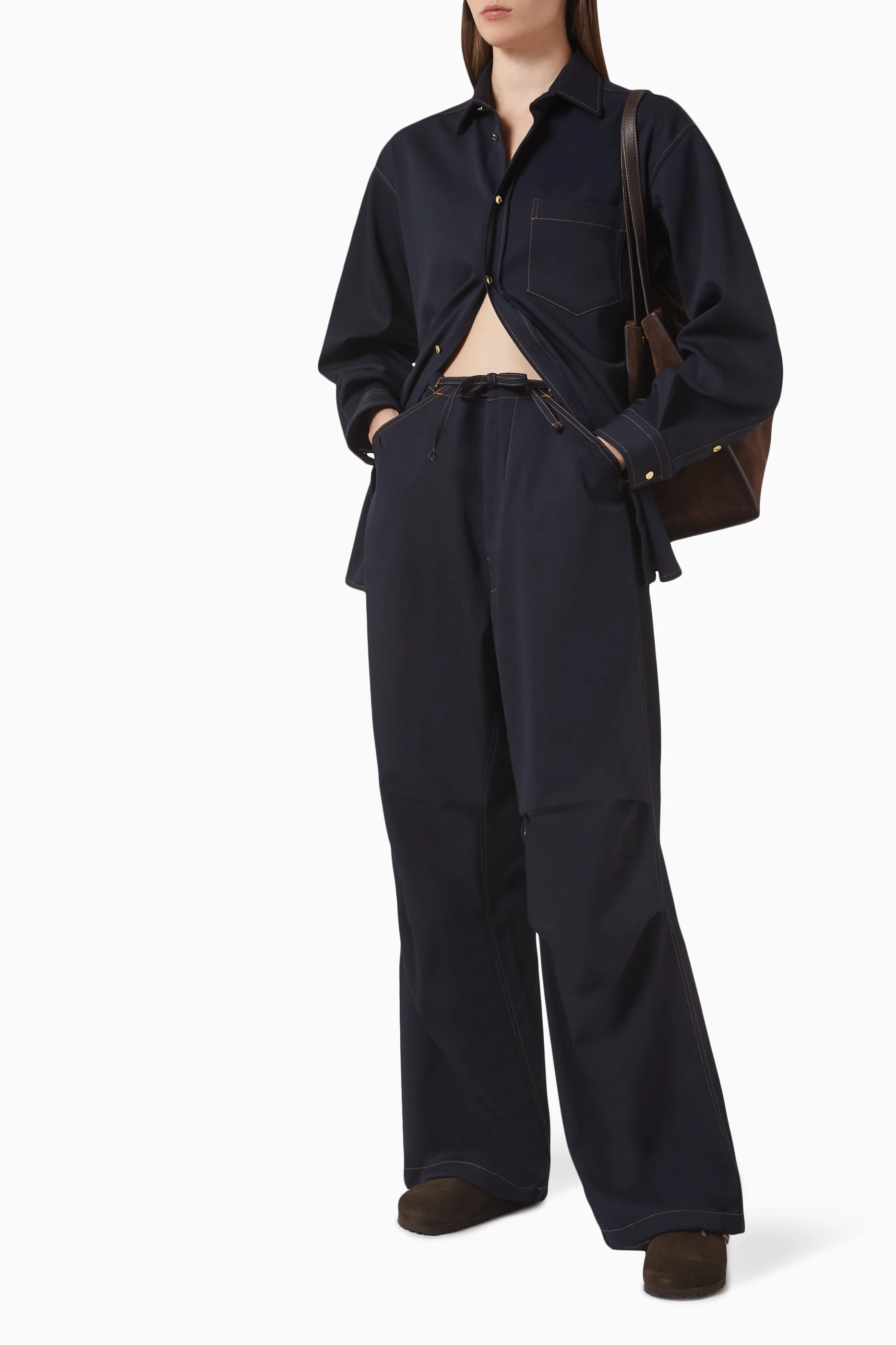 Buy Dark Park Blue Daisy Drawstring Pants in Wool For Women