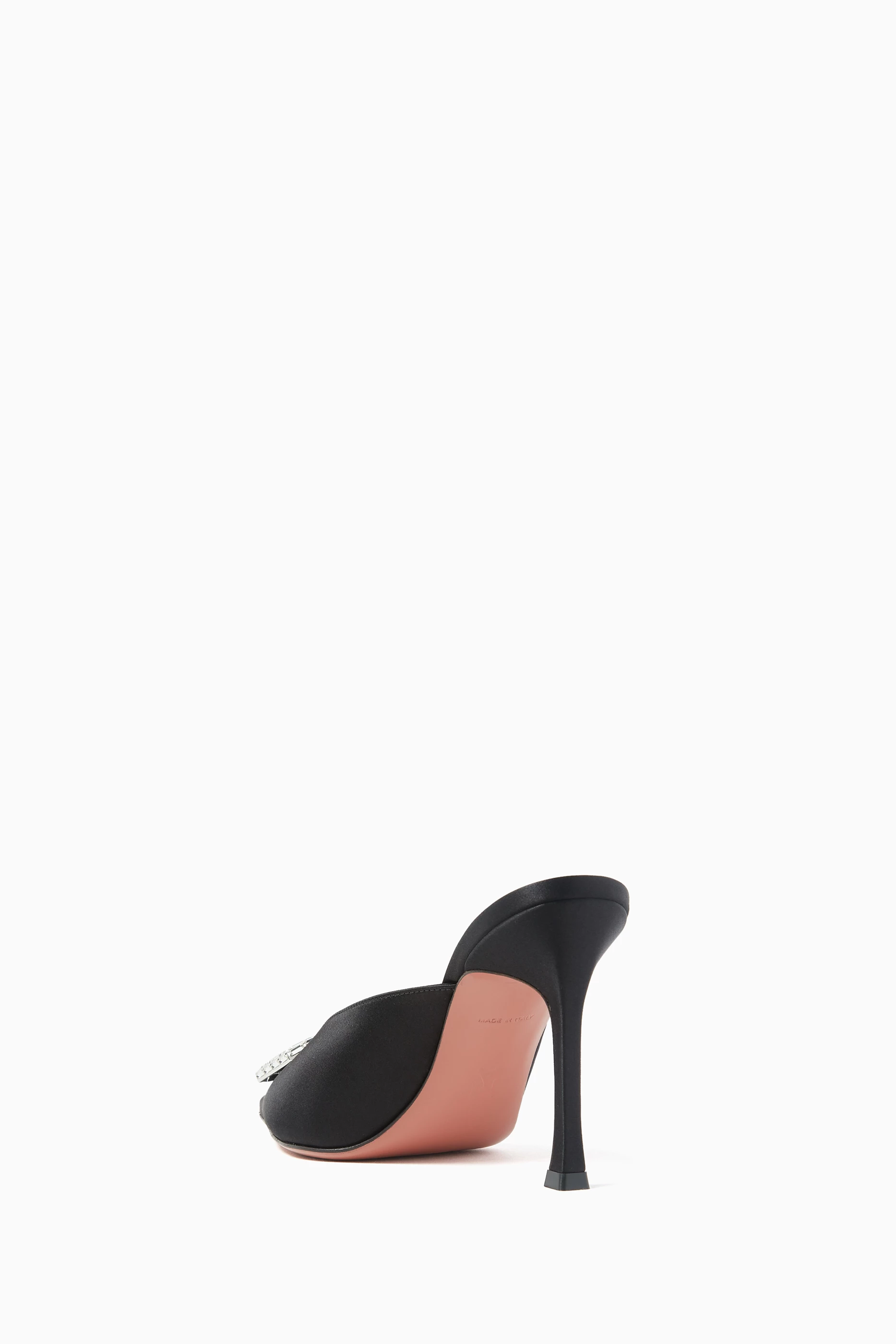 Buy Amina Muaddi Black Camelia 90 Crystal Mules in Satin For